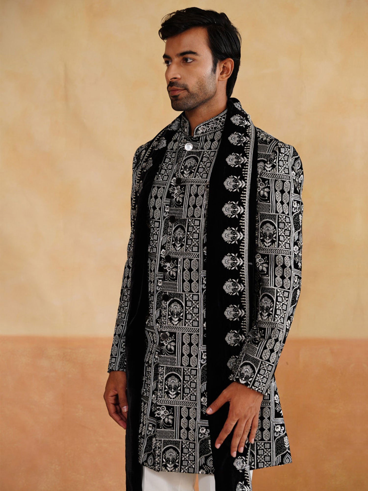 Black Heavy Embroidered Indowestern With Stole In Velvet