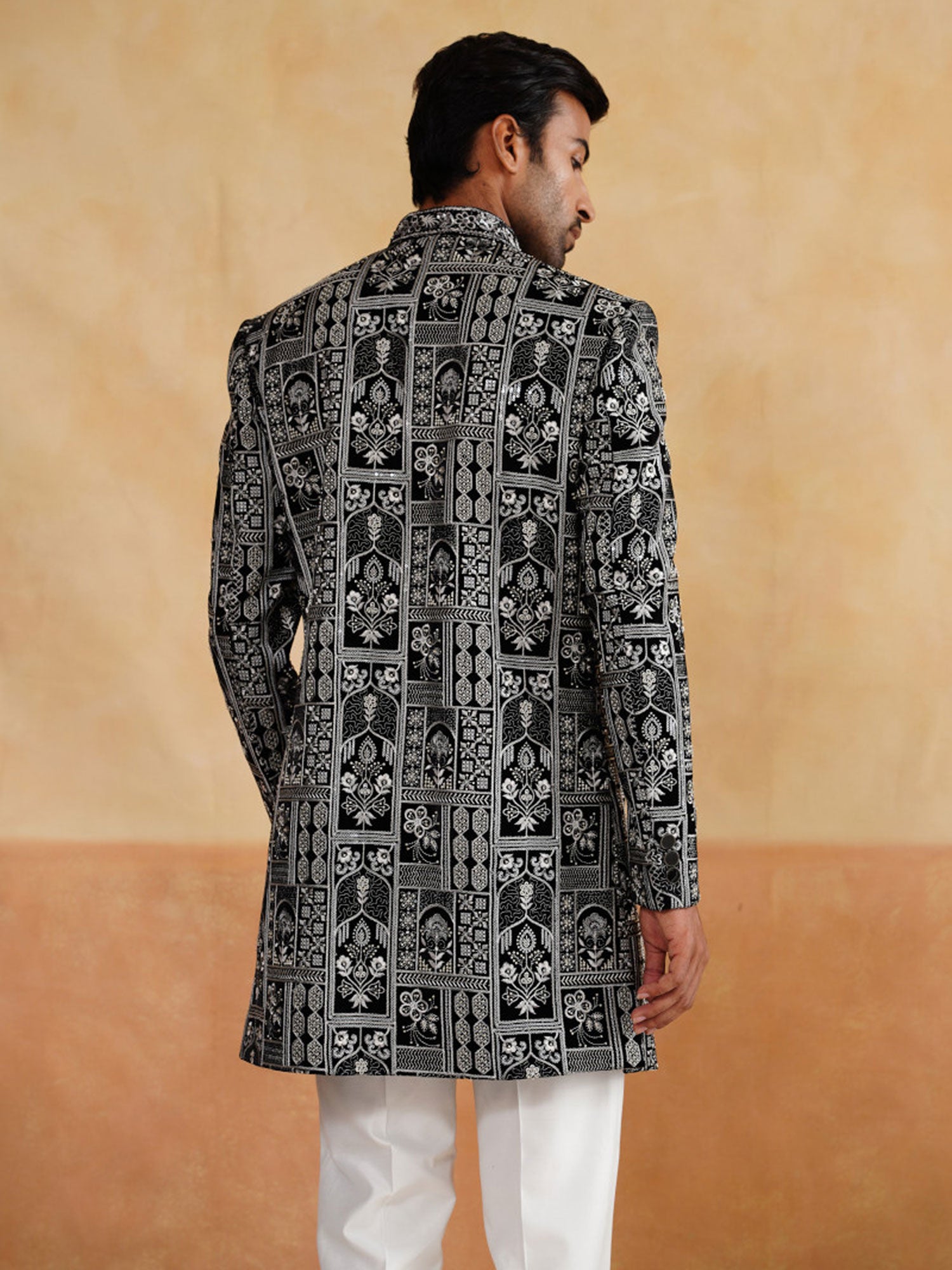 Black Heavy Embroidered Indowestern With Stole In Velvet