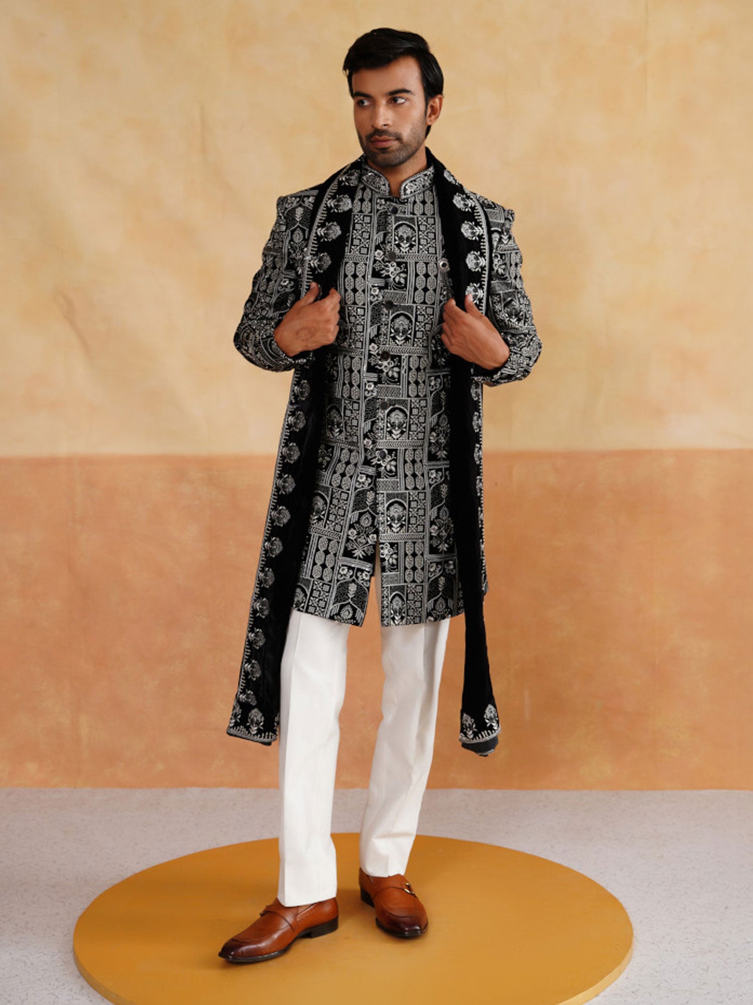 Black Heavy Embroidered Indowestern With Stole In Velvet