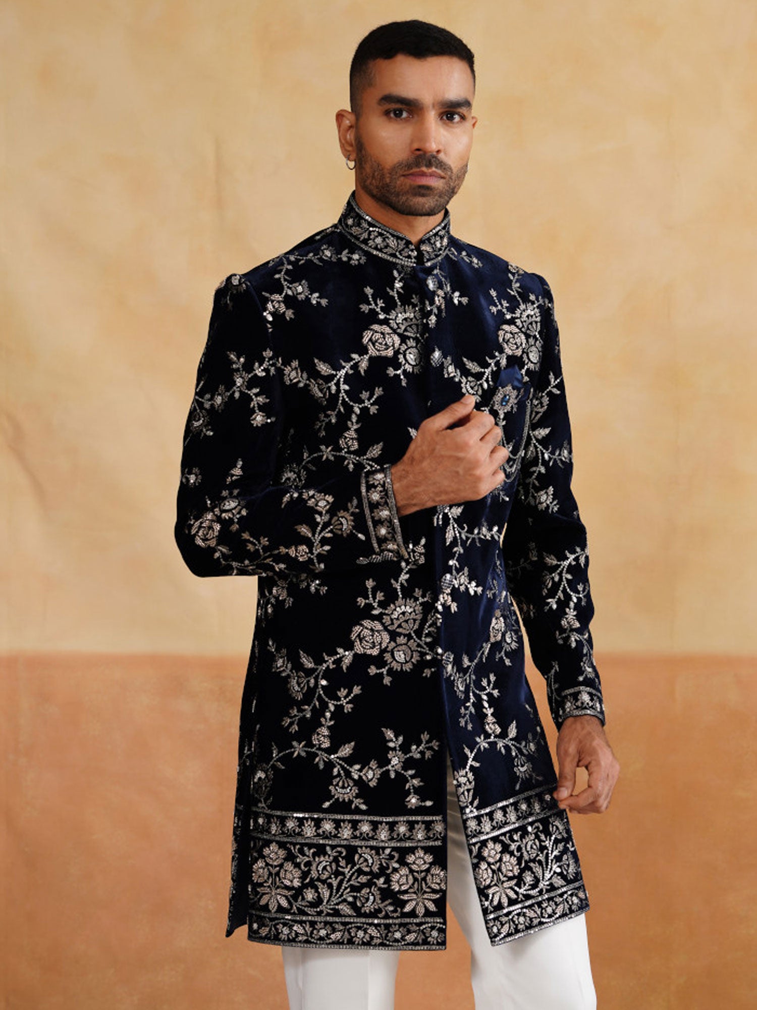 Navy Blue Floral Zari Work Men's Indo Western