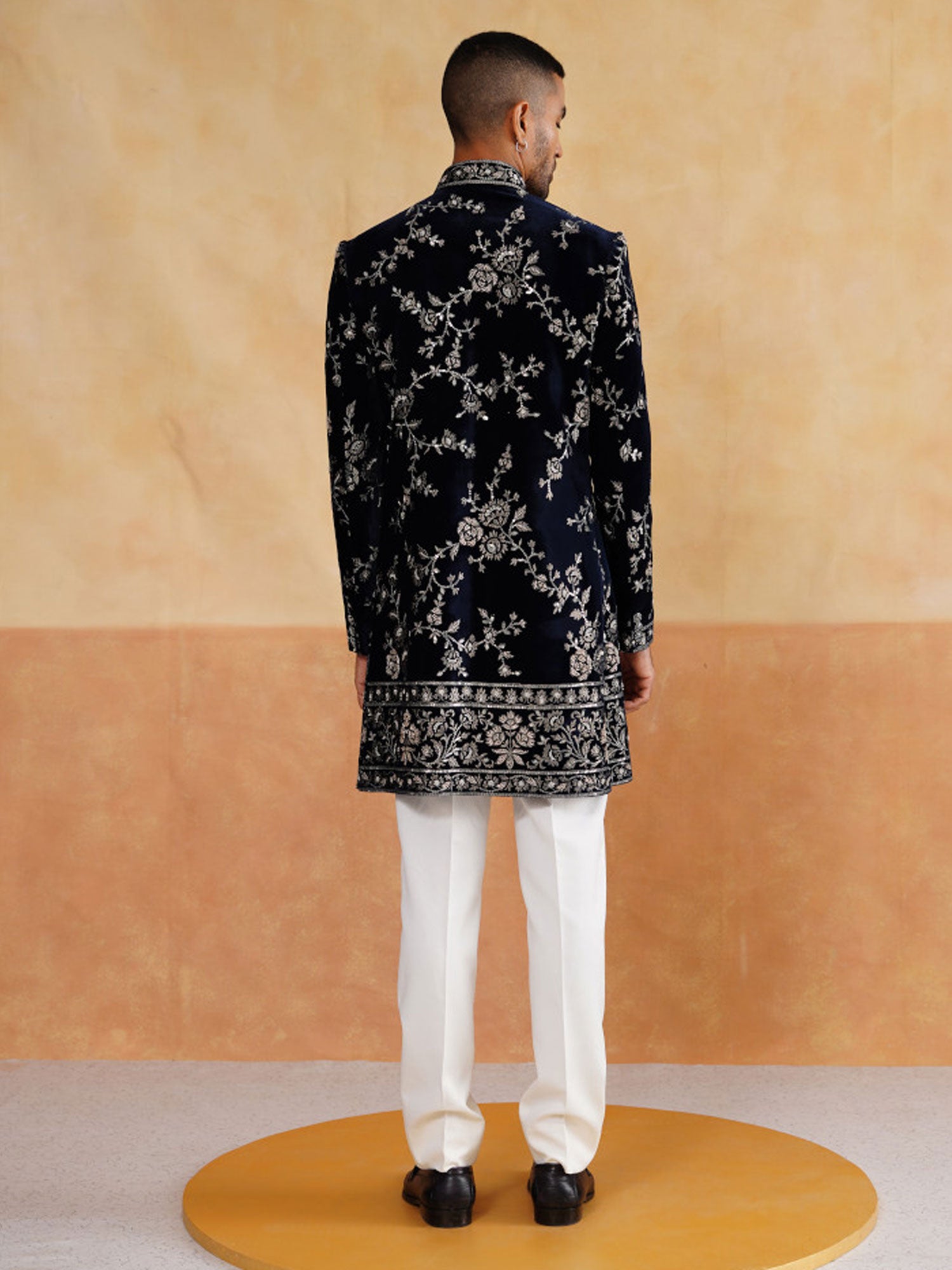 Navy Blue Floral Zari Work Men's Indo Western