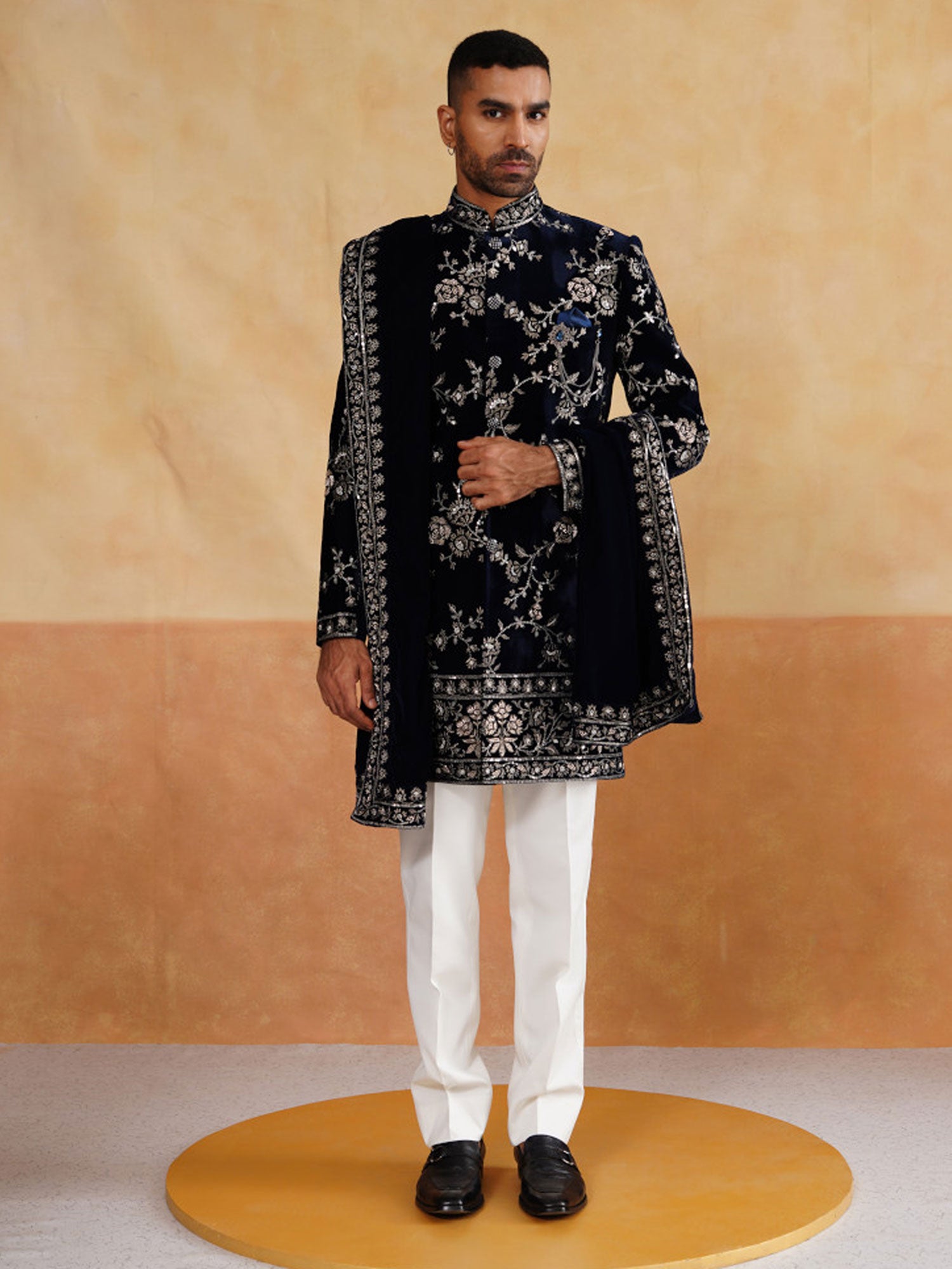 Navy Blue Floral Zari Work Men's Indo Western