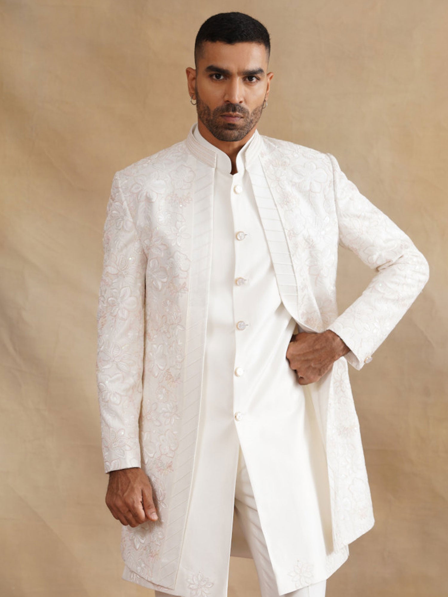 White Men's Indowestern With Front Open Jacket