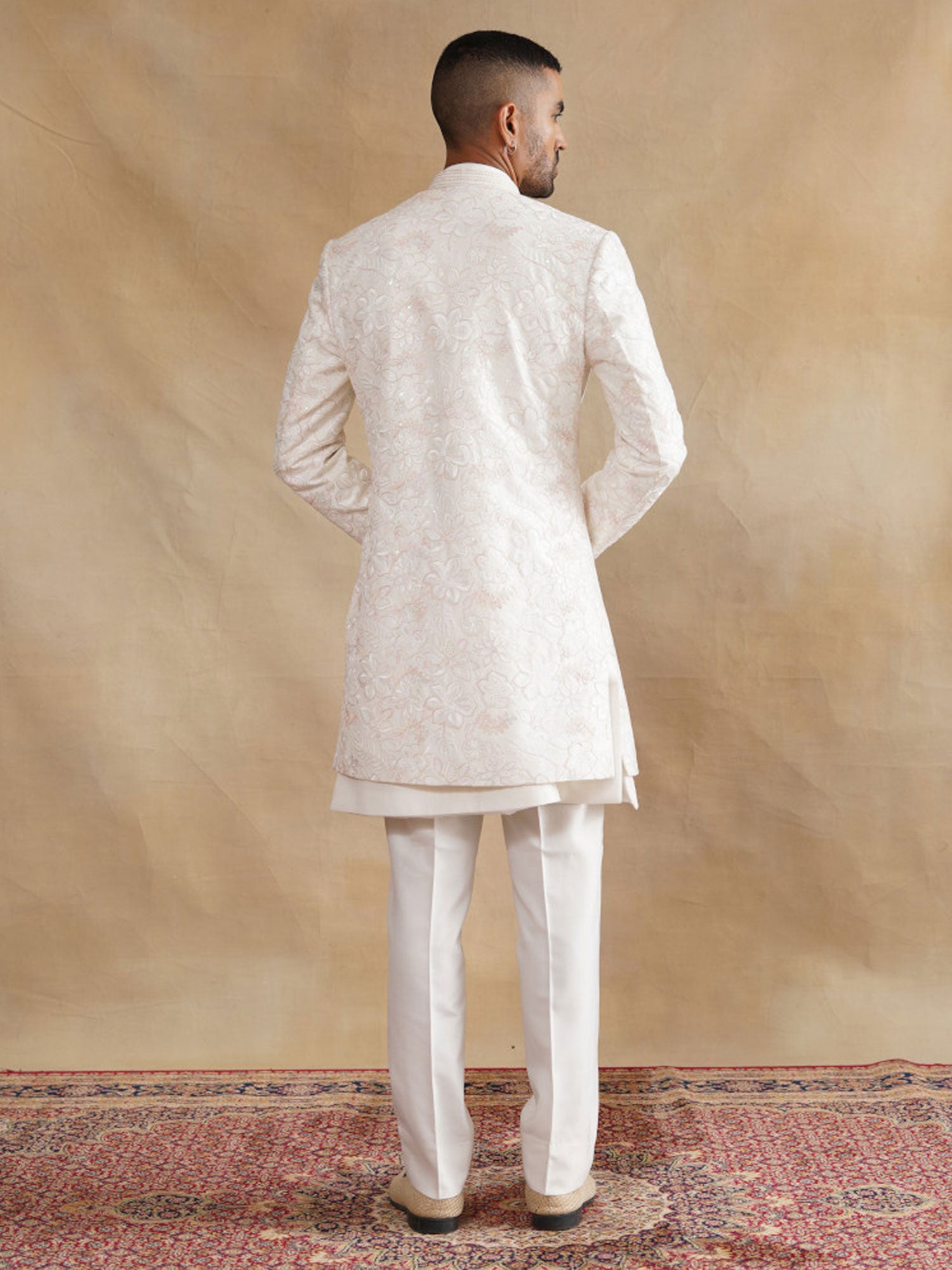 White Men's Indowestern With Front Open Jacket