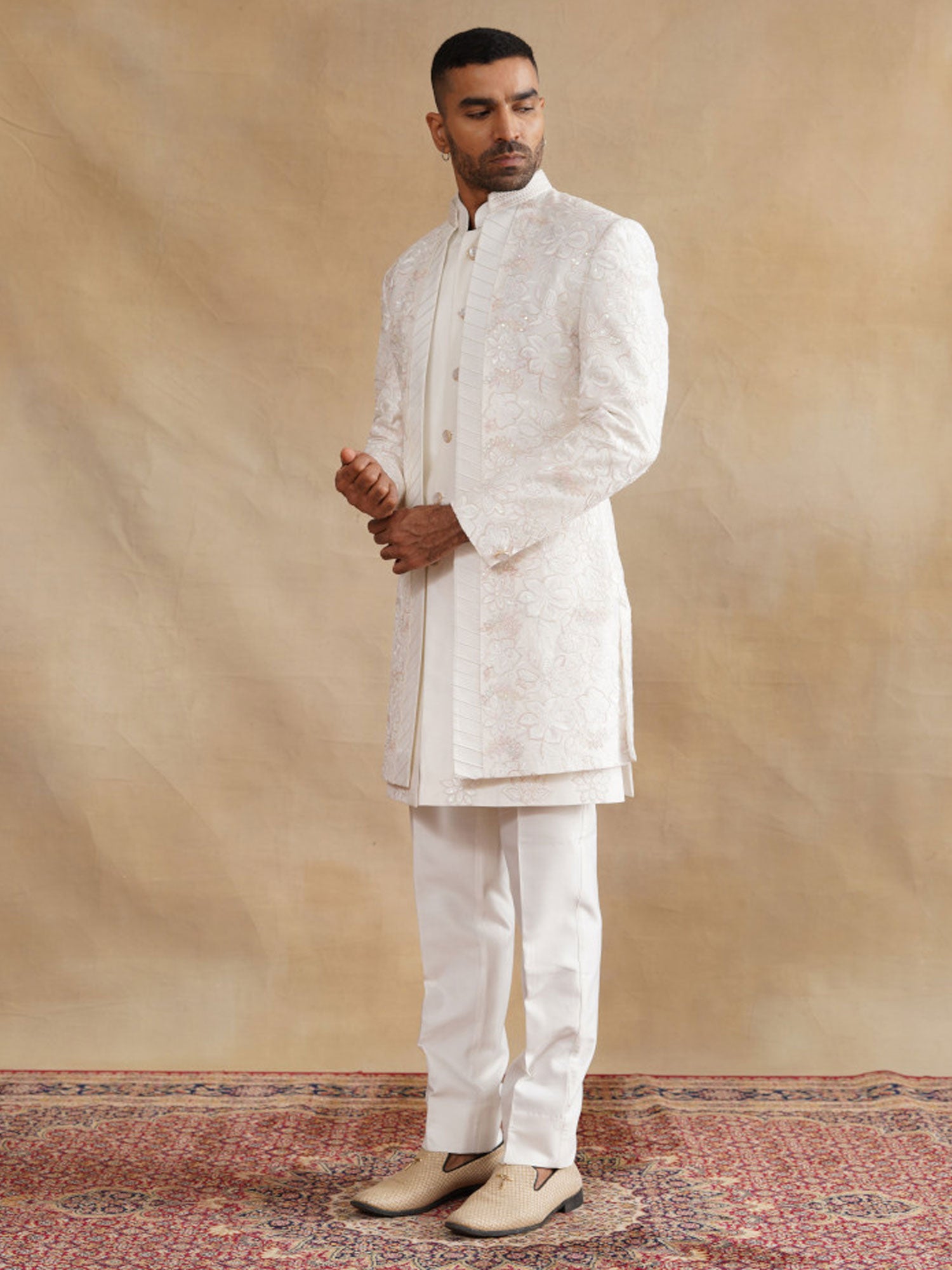 White Men's Indowestern With Front Open Jacket