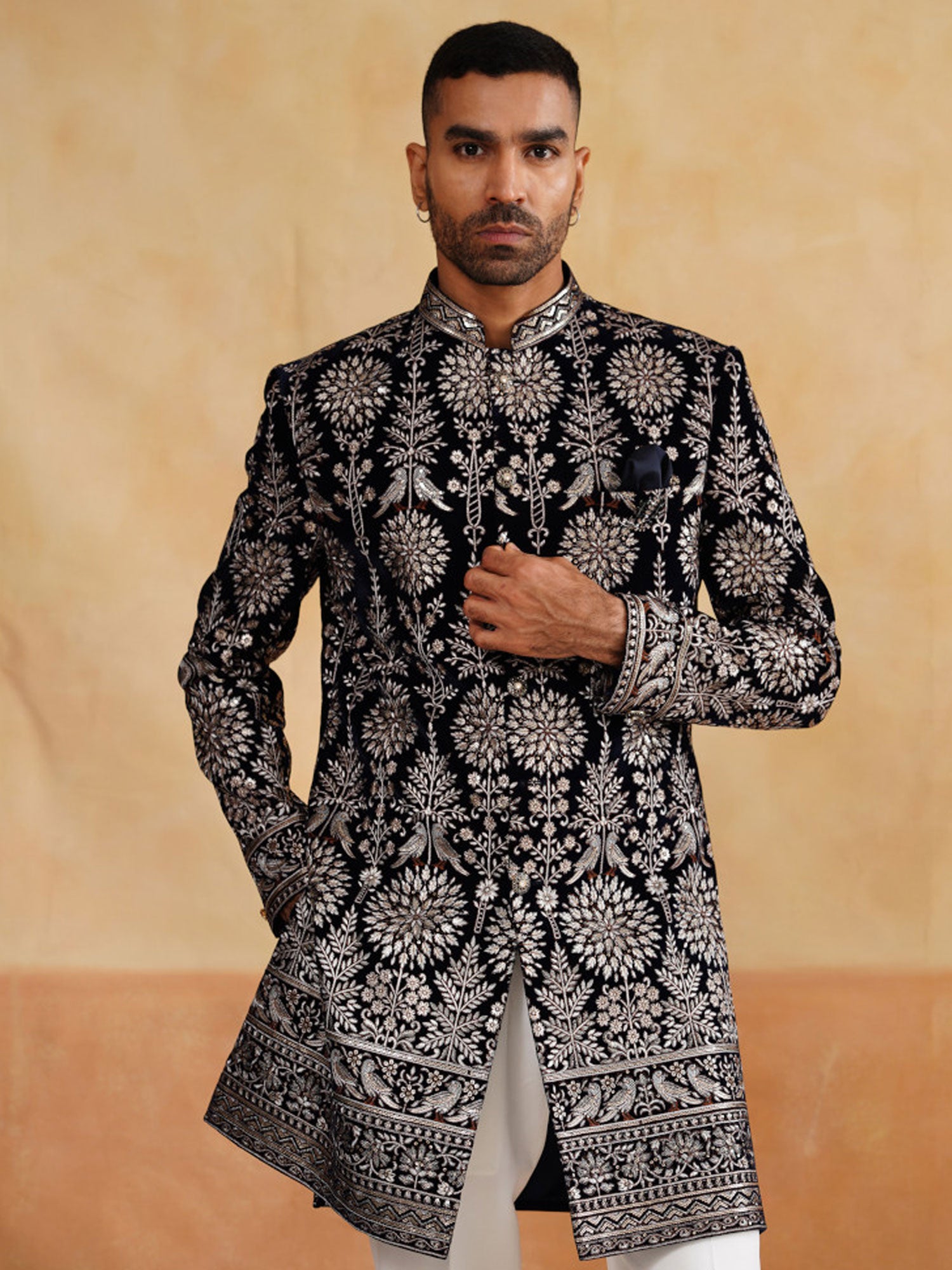 Black Velvet Indowestern With Floral Embroidery