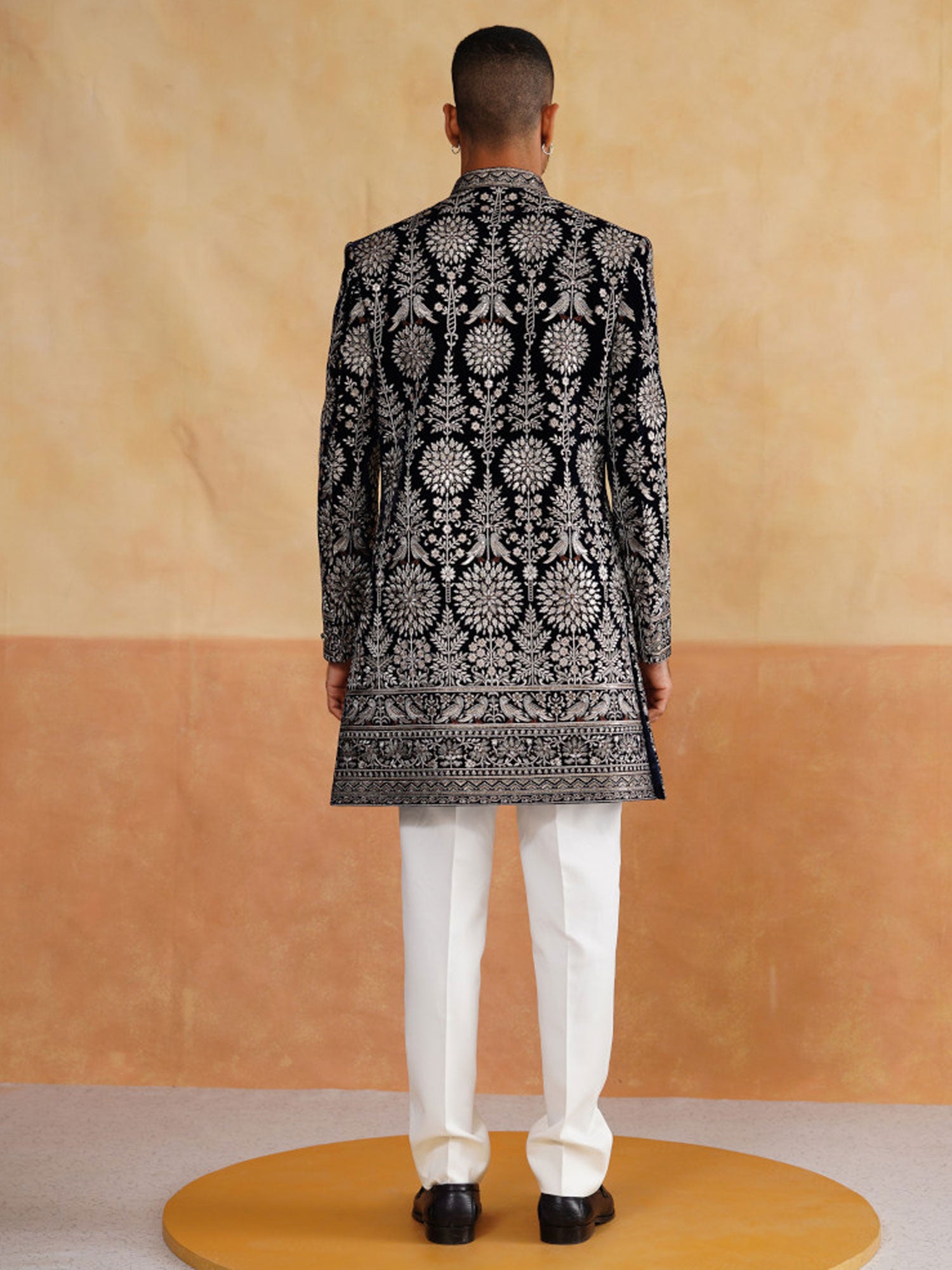 Black Velvet Indowestern With Floral Embroidery
