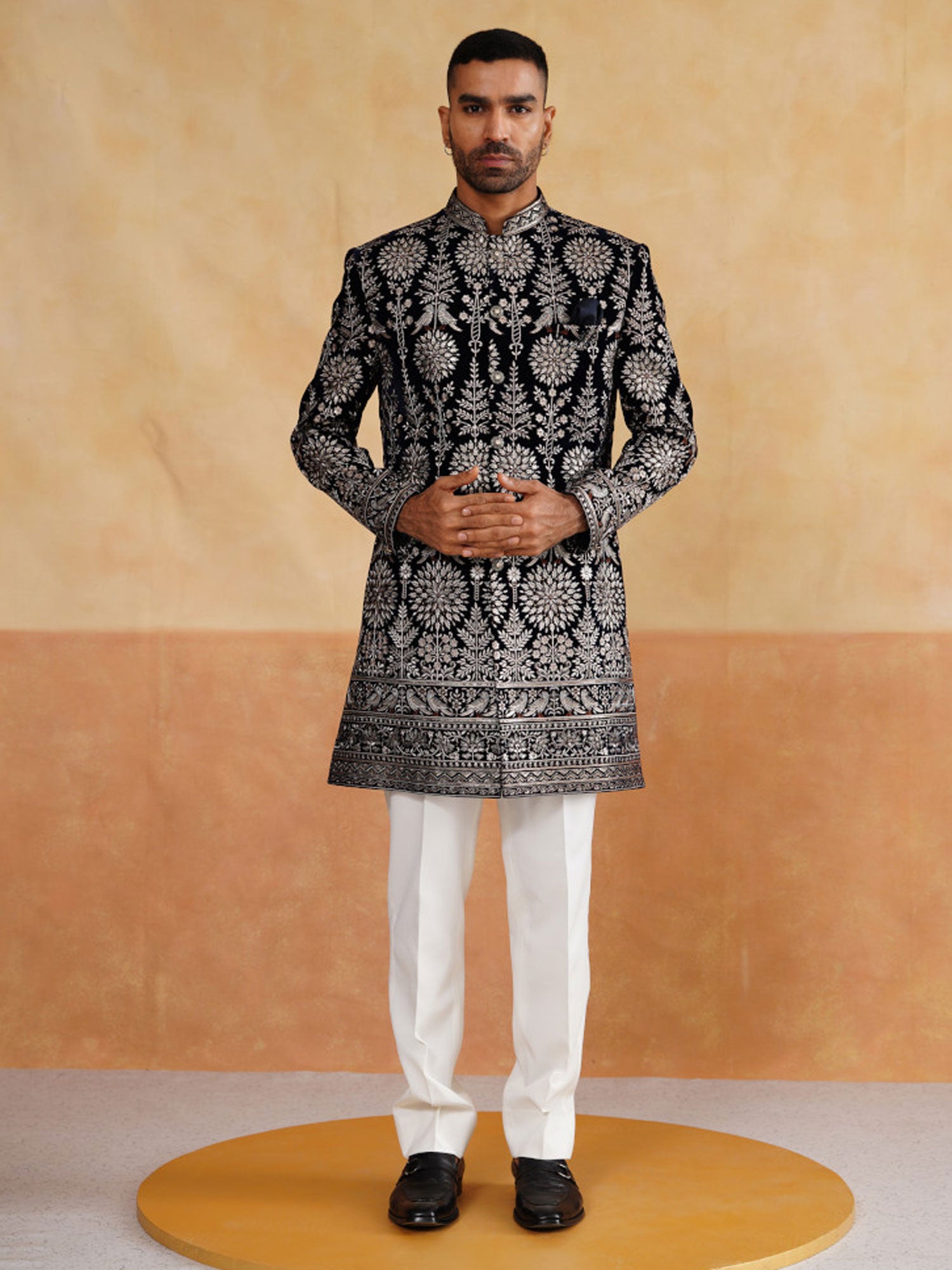 Black Velvet Indowestern With Floral Embroidery
