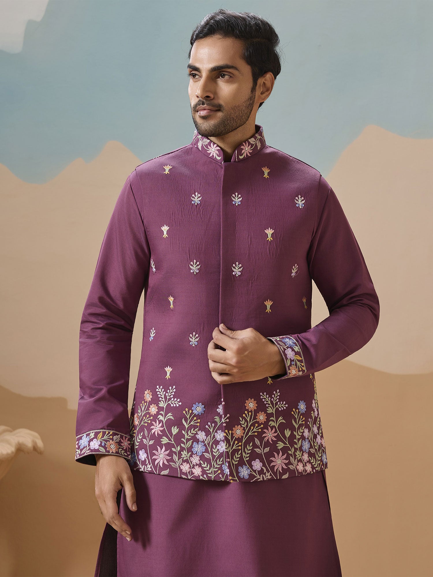 Purple Silk Kurta Set With Jacket In Thread Work