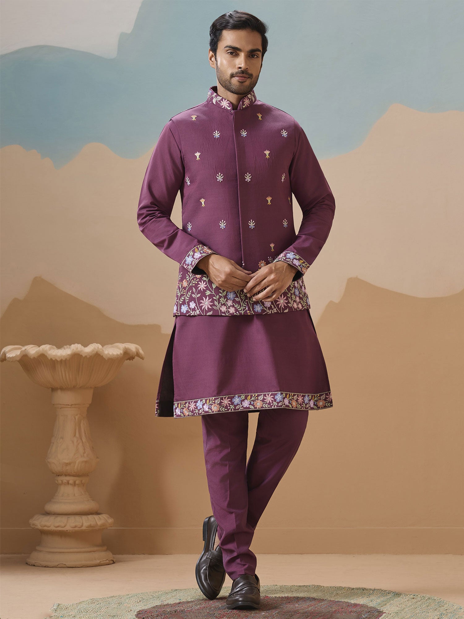 Purple Silk Kurta Set With Jacket In Thread Work