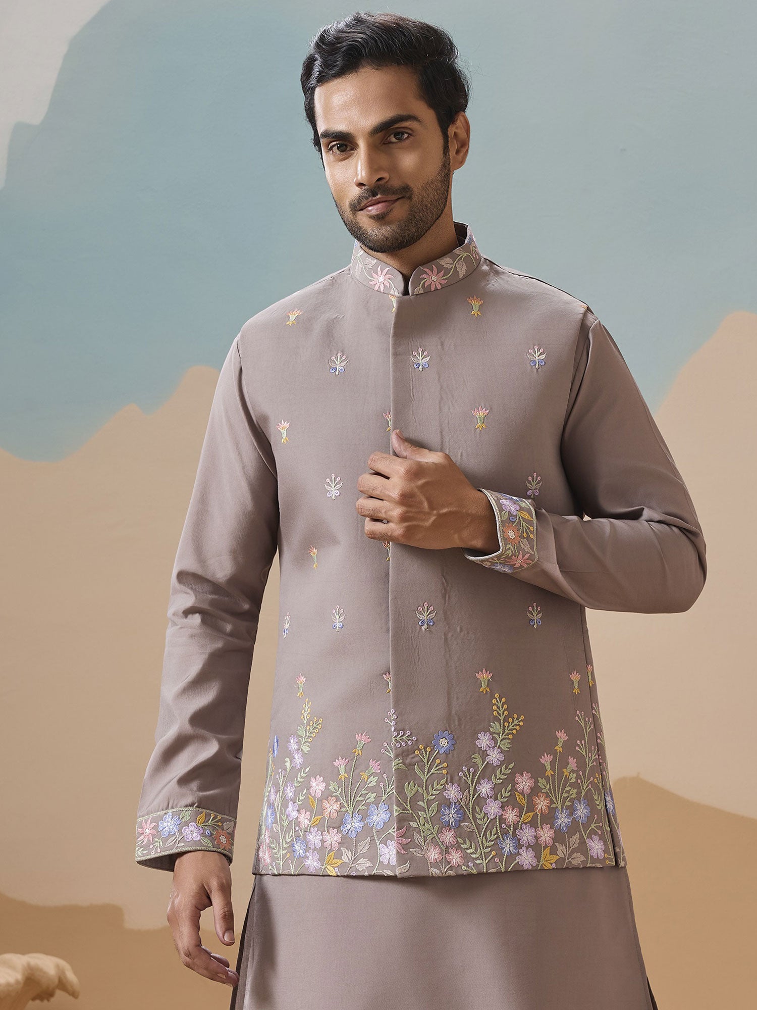 Grey Floral Thread Work Embroidered Kurta Set