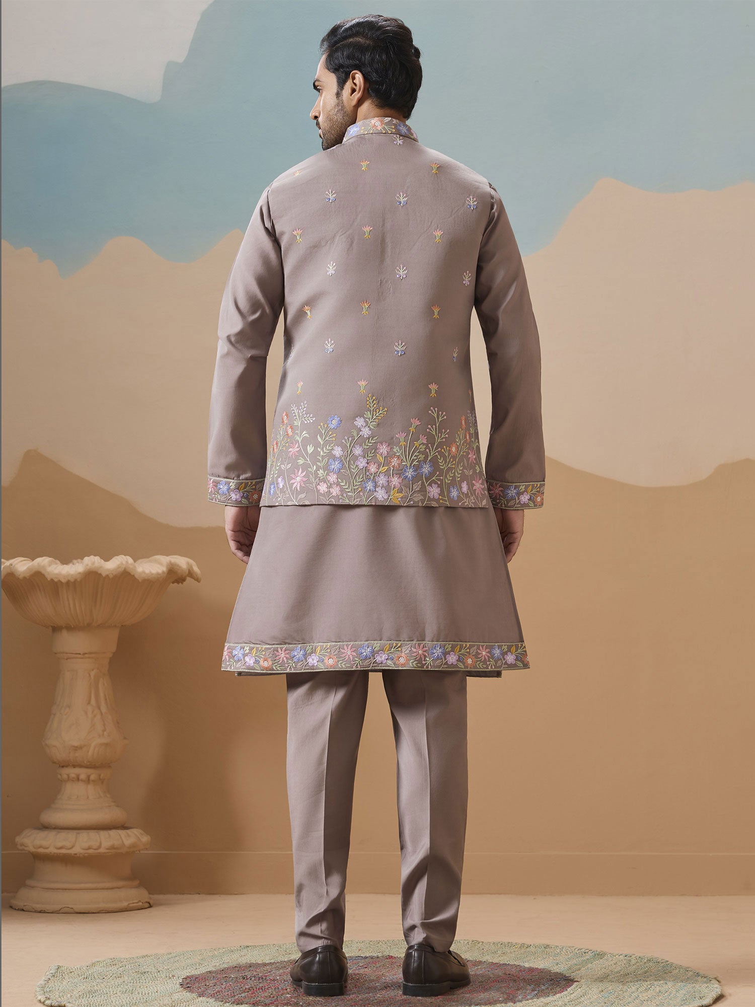 Grey Floral Thread Work Embroidered Kurta Set