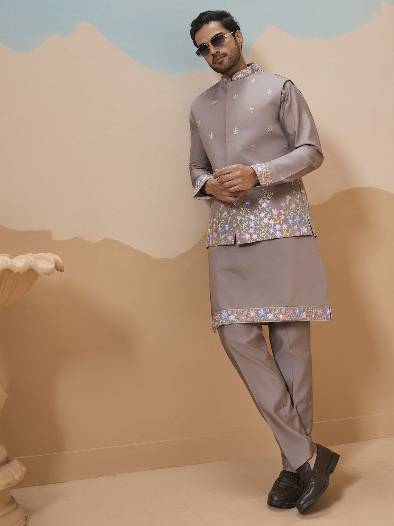 Grey Floral Thread Work Embroidered Kurta Set