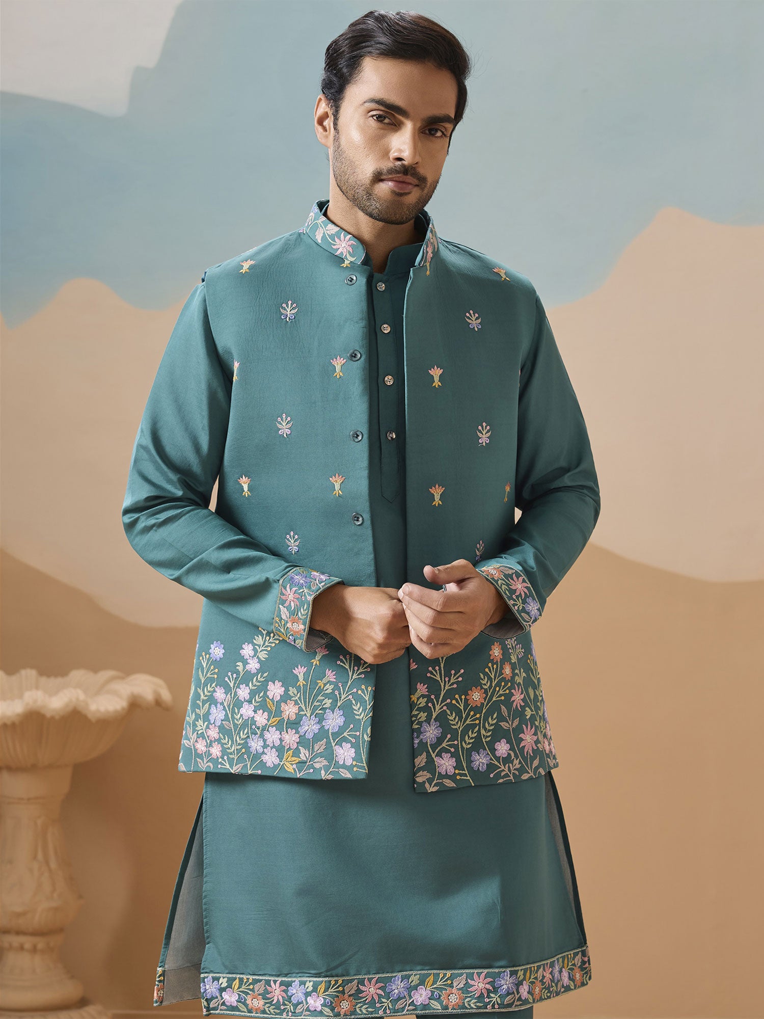 Teal Blue Viscose Silk Kurta Pyjama With Jacket