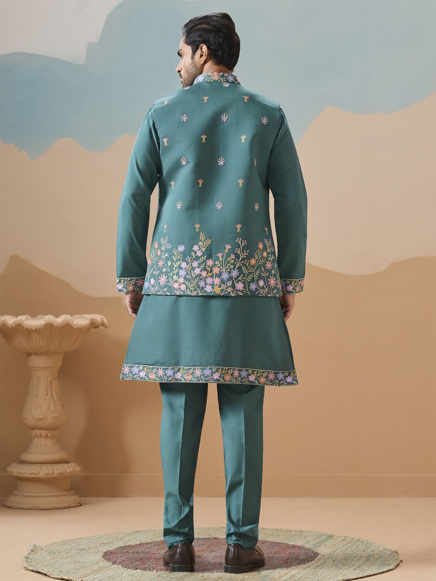 Teal Blue Viscose Silk Kurta Pyjama With Jacket