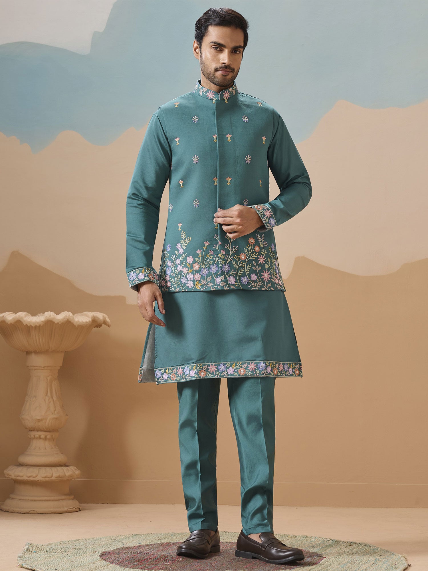 Teal Blue Viscose Silk Kurta Pyjama With Jacket