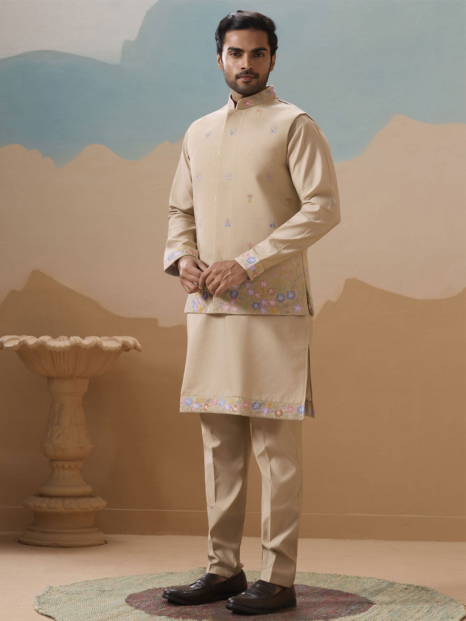 Beige Festive Wear Readymade Kurta Pyjama