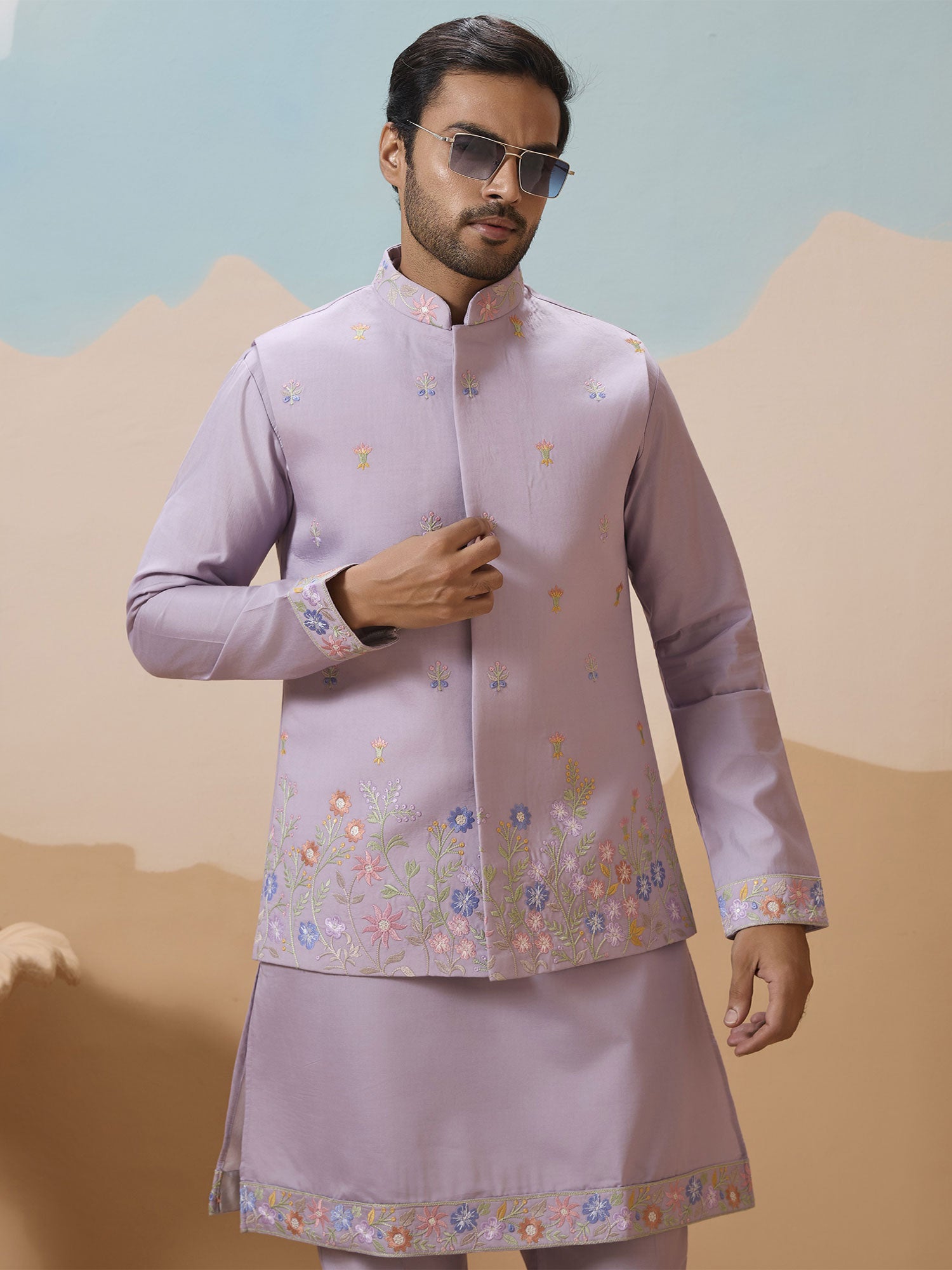 Lilac Floral Embellished Men's Kurta Pyjama Set