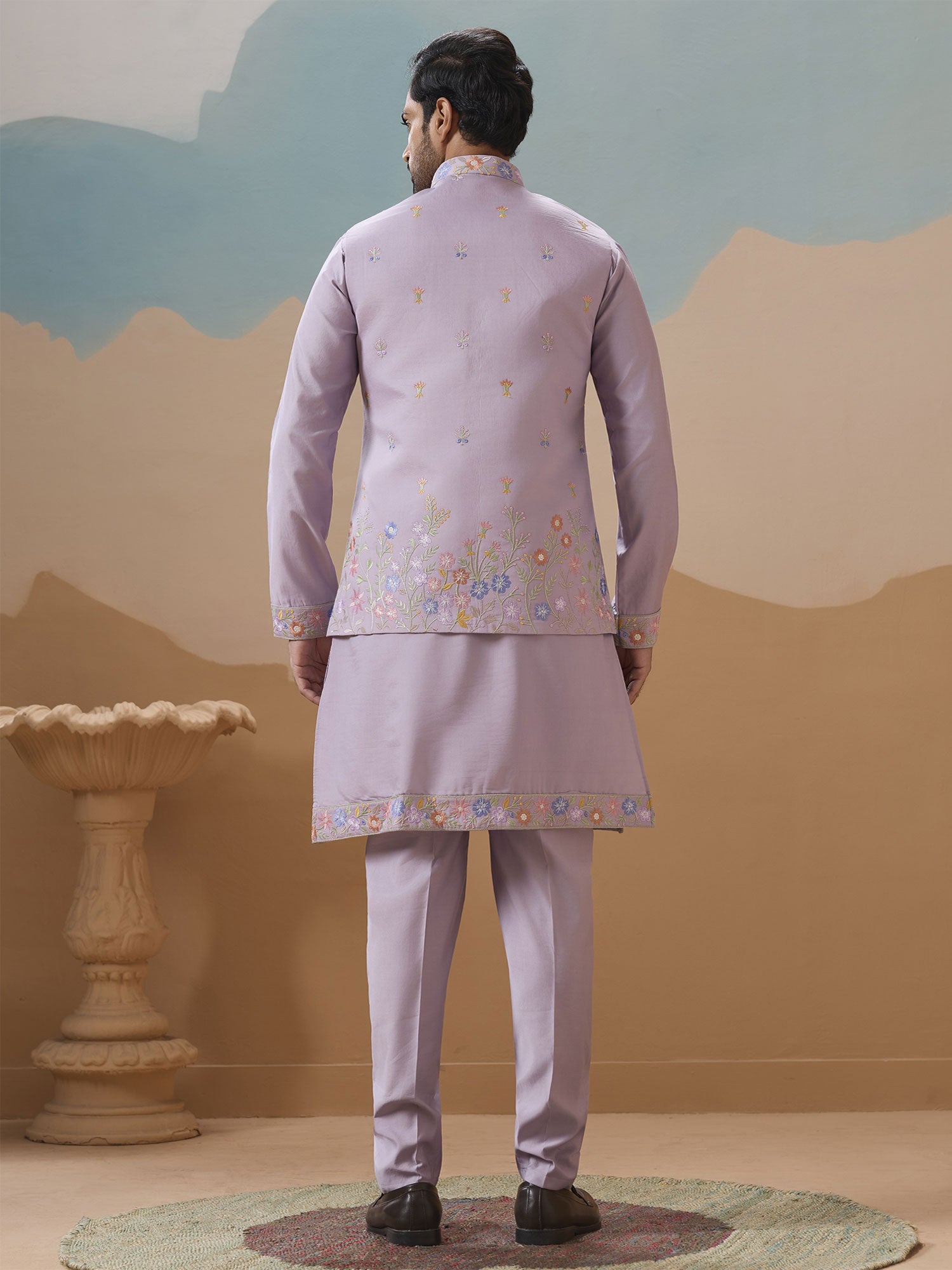 Lilac Floral Embellished Men's Kurta Pyjama Set