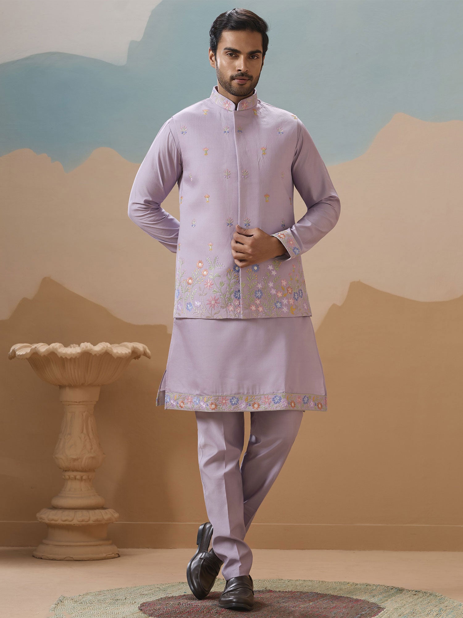 Lilac Floral Embellished Men's Kurta Pyjama Set