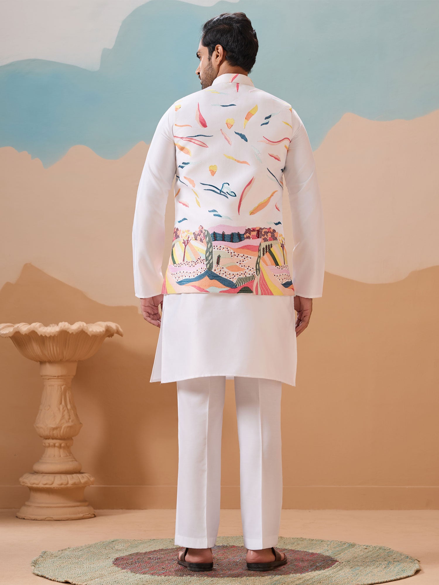 White Thread Work Embellished Men's Kurta Set