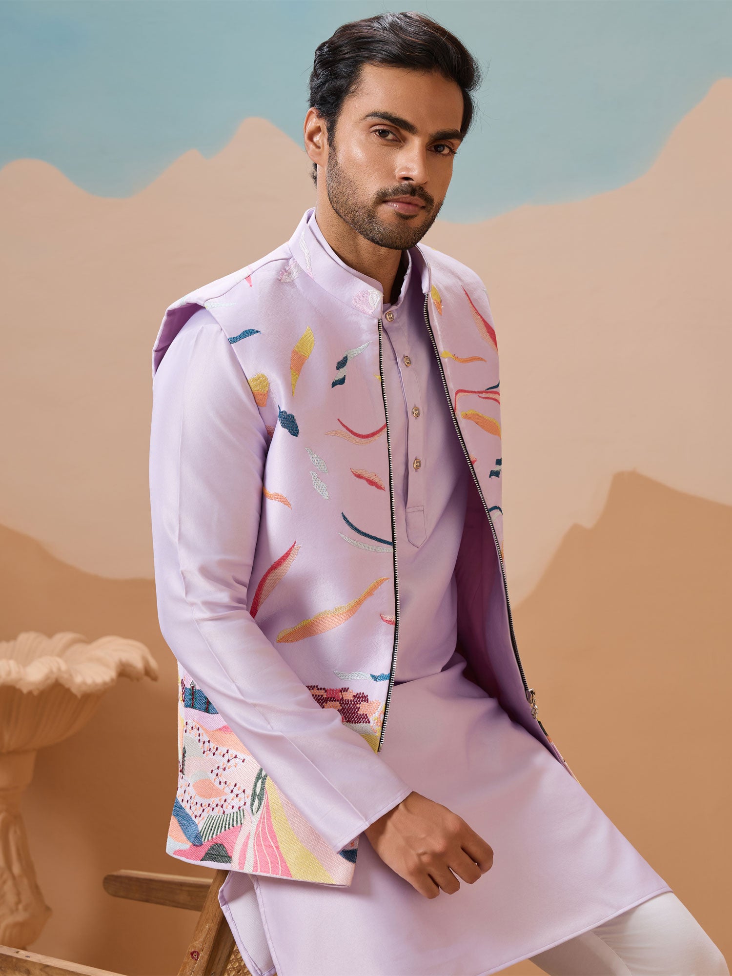 Lilac Readymade Kurta Set With Embroidered Jacket