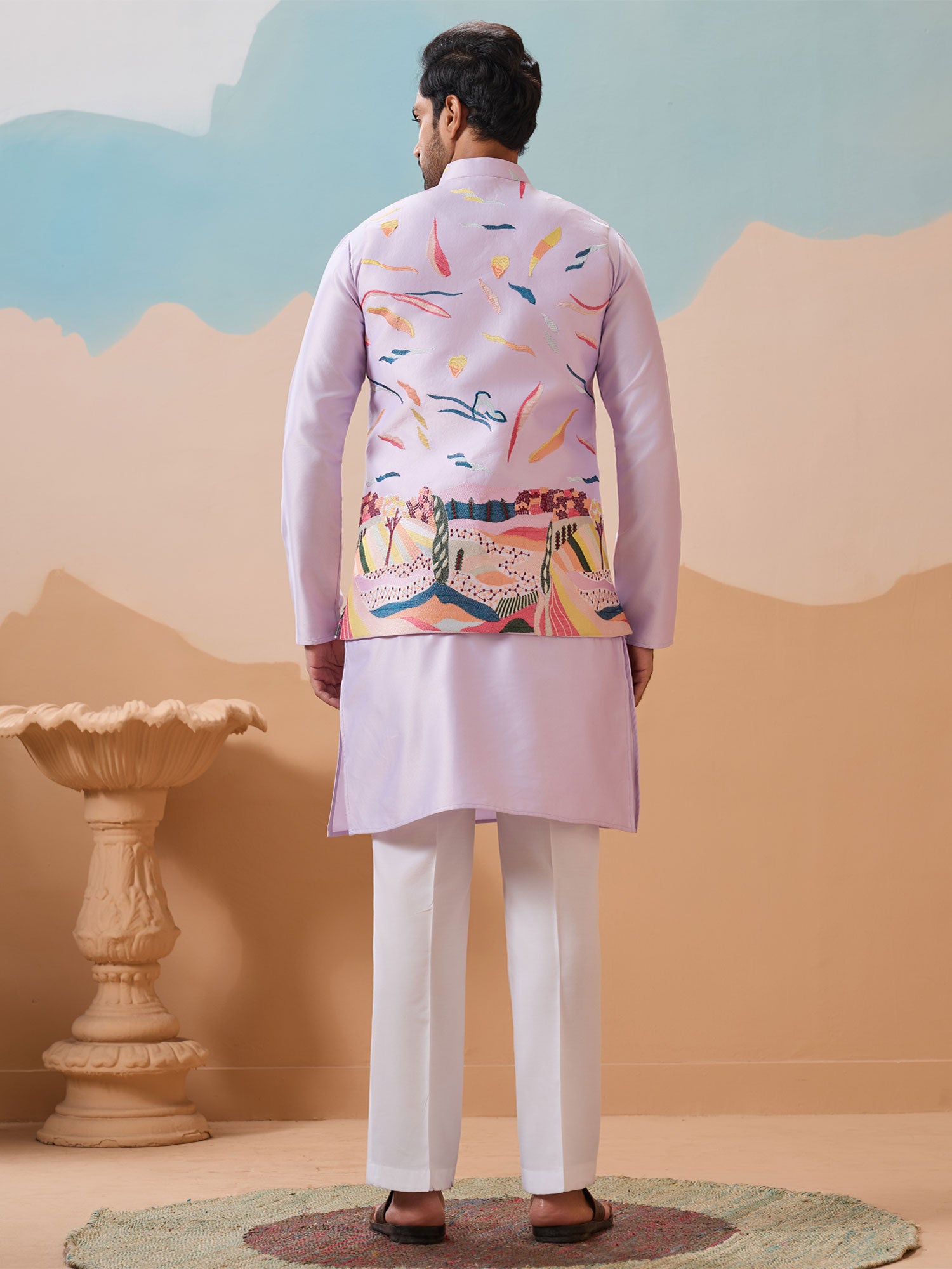 Lilac Readymade Kurta Set With Embroidered Jacket