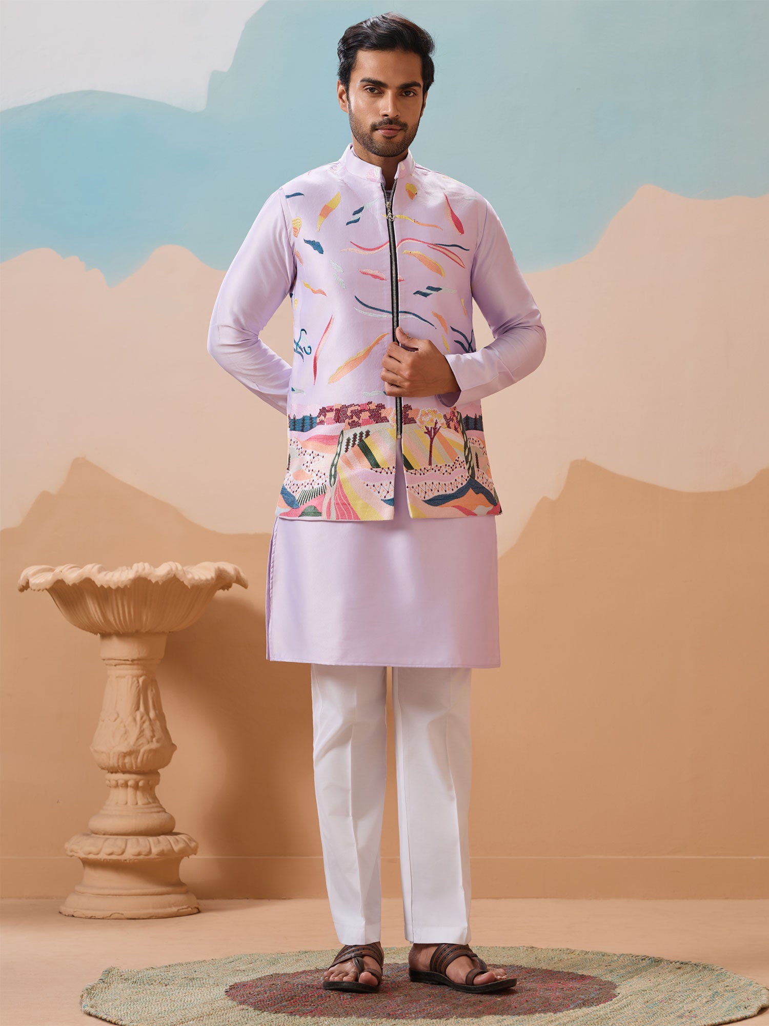 Lilac Readymade Kurta Set With Embroidered Jacket