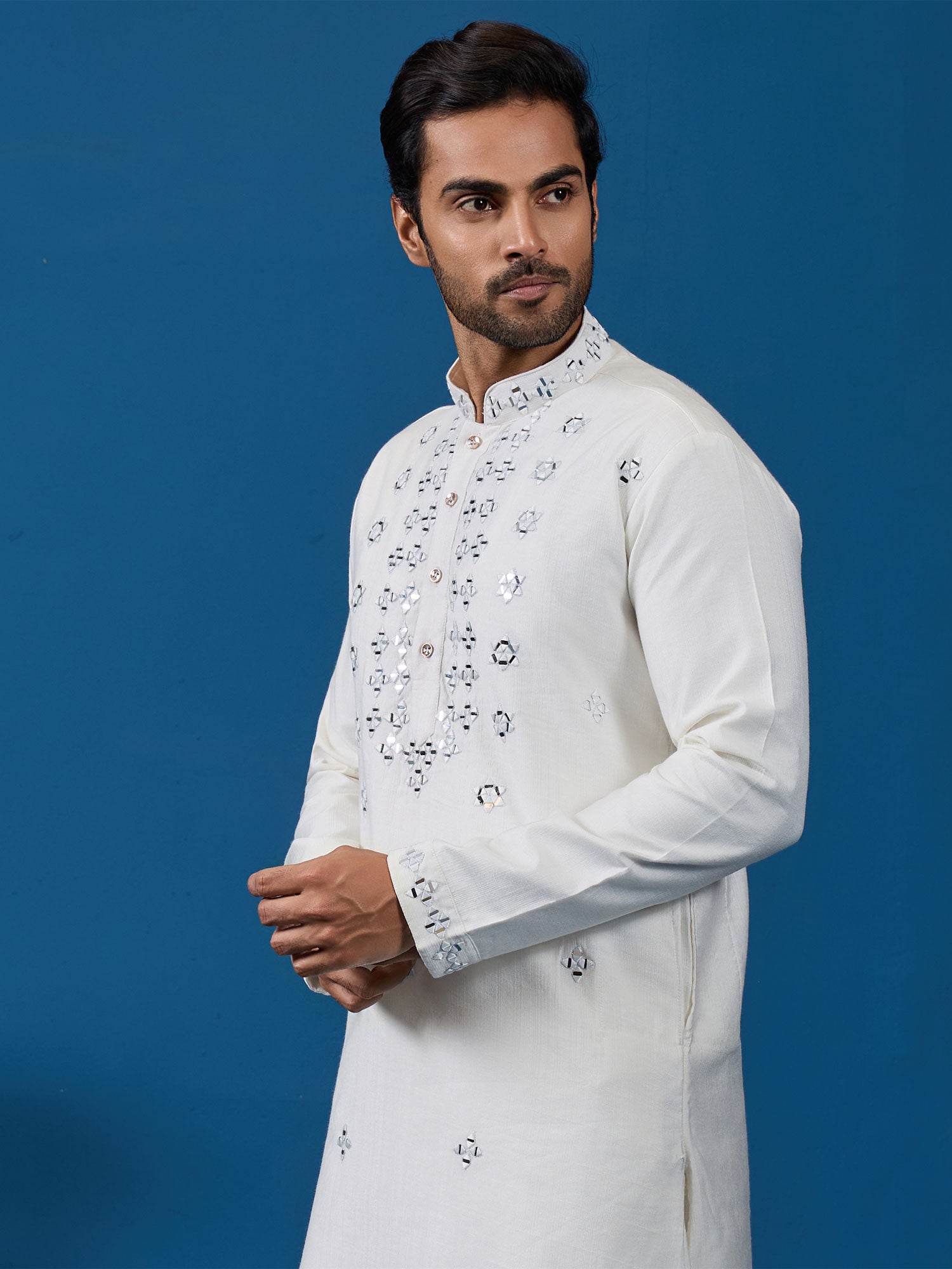 White Mirror Work Augmented Kurta Pyjama Set
