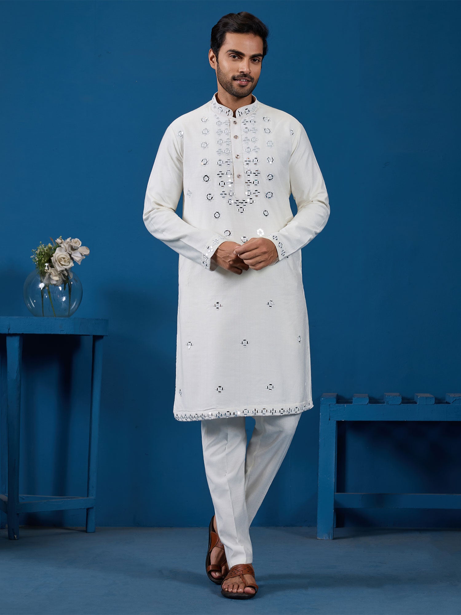 White Mirror Work Augmented Kurta Pyjama Set