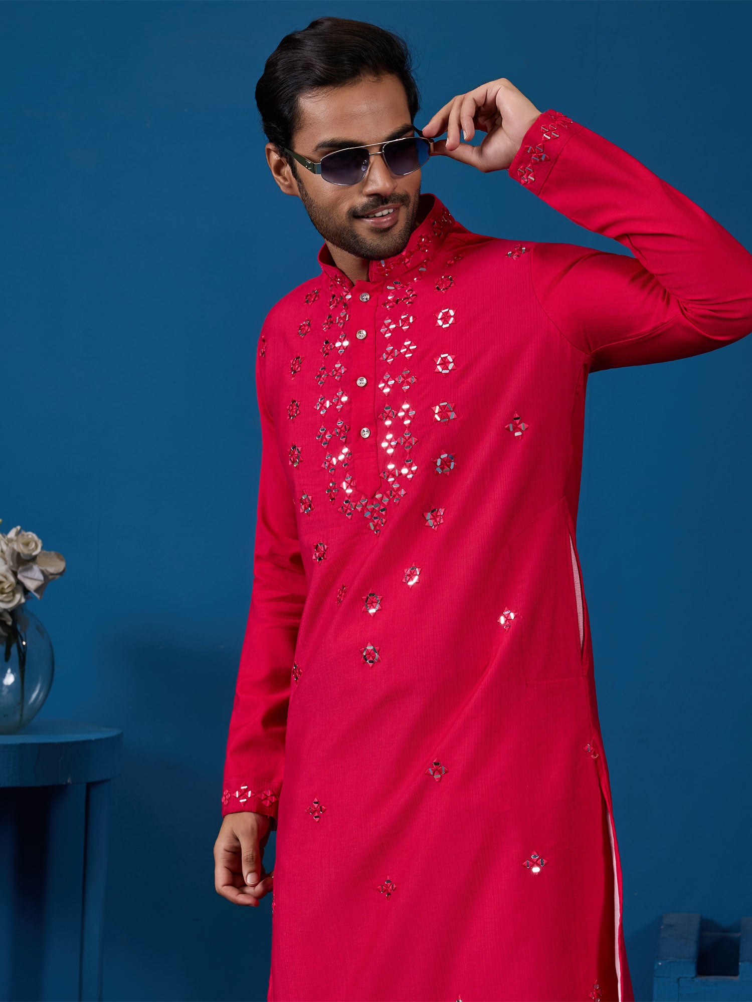 Rani Pink Readymade Kurta Set In Mirror Work