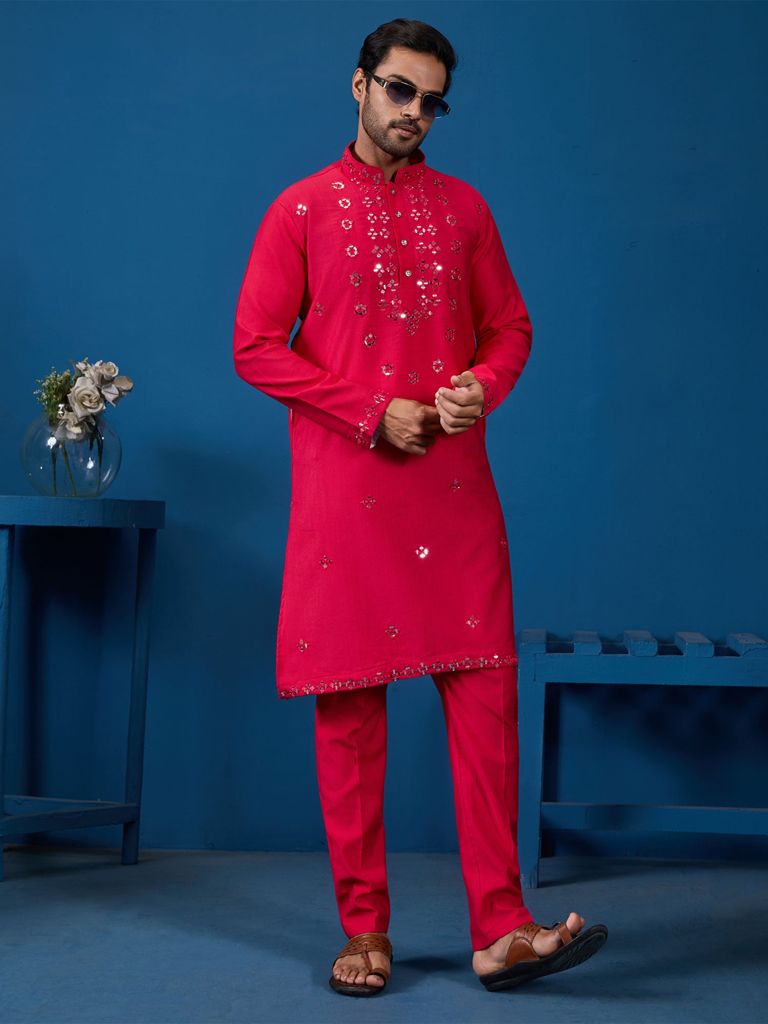 Rani Pink Readymade Kurta Set In Mirror Work