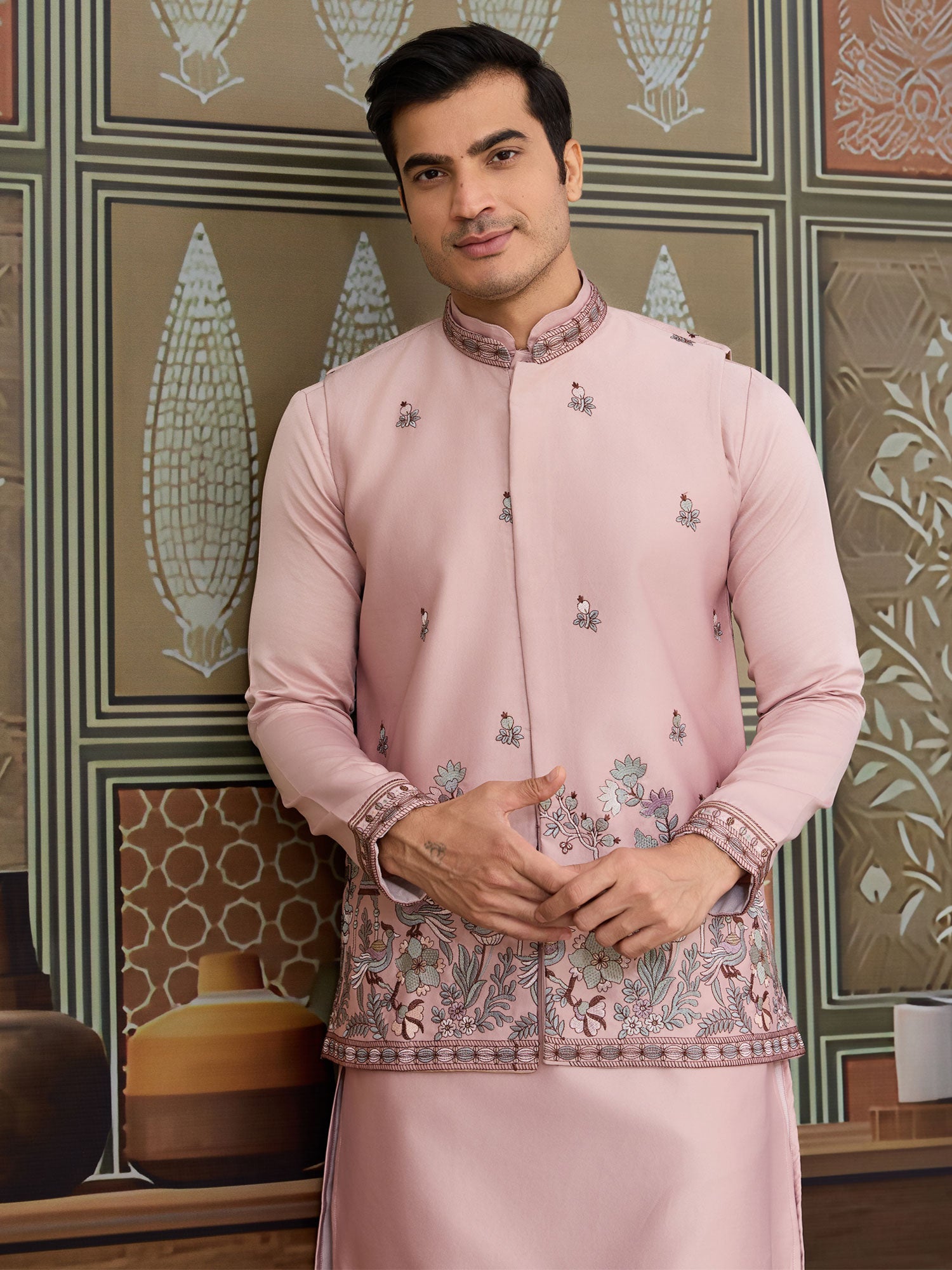 Blush Pink Floral Thread Work Kurta Pyjama