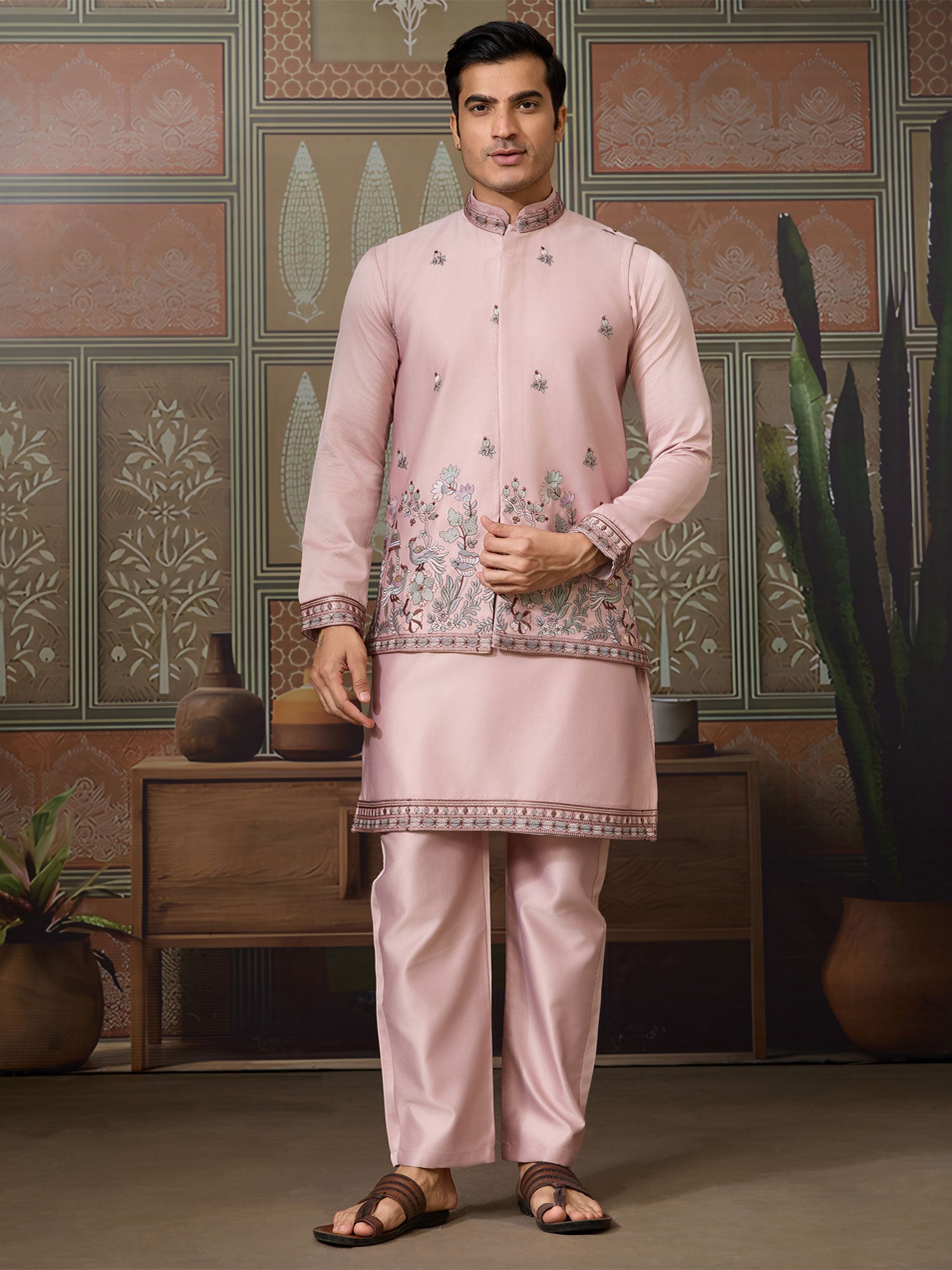 Blush Pink Floral Thread Work Kurta Pyjama