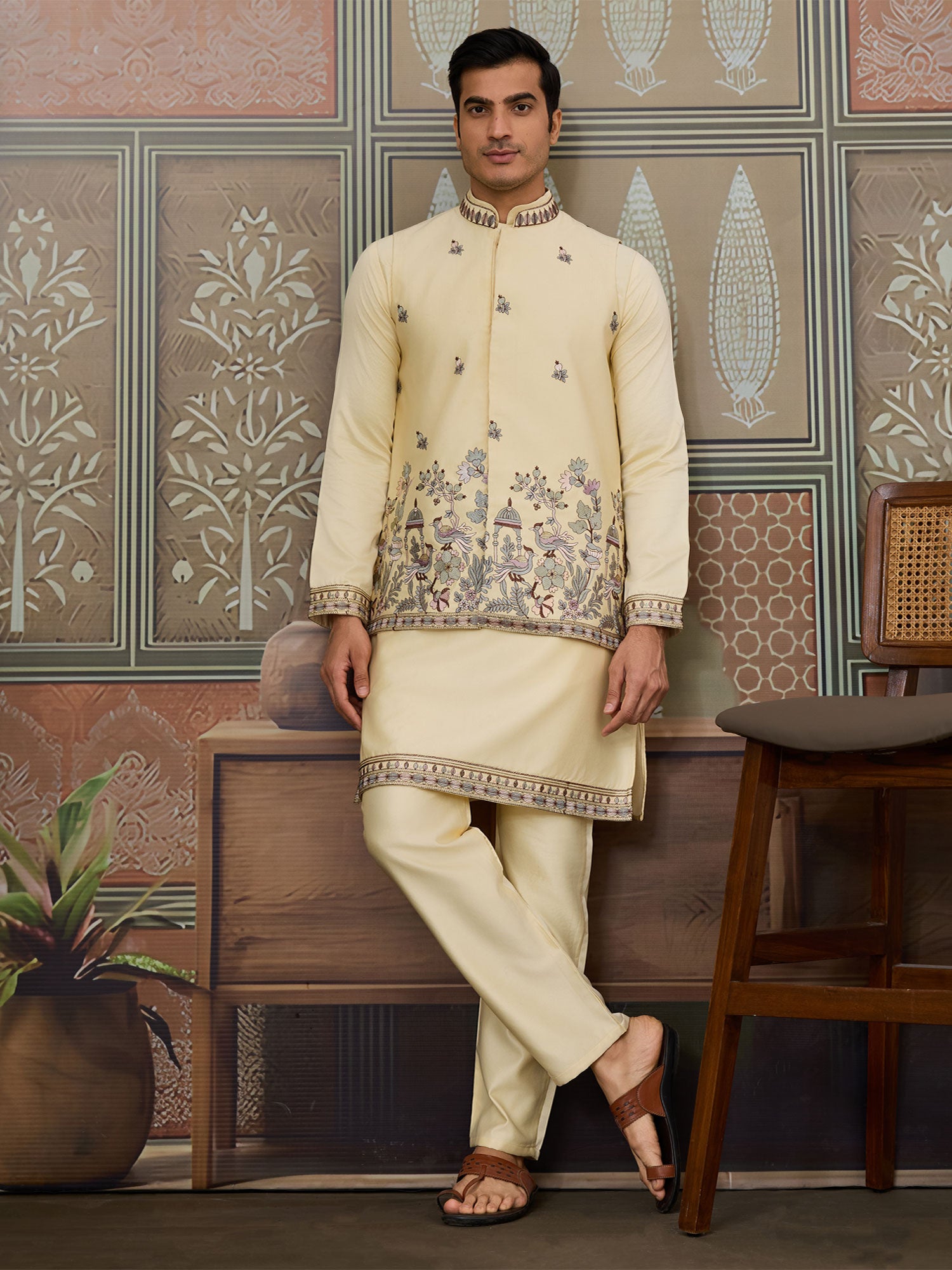 Light Yellow Readymade Festive Kurta Pyjama Set
