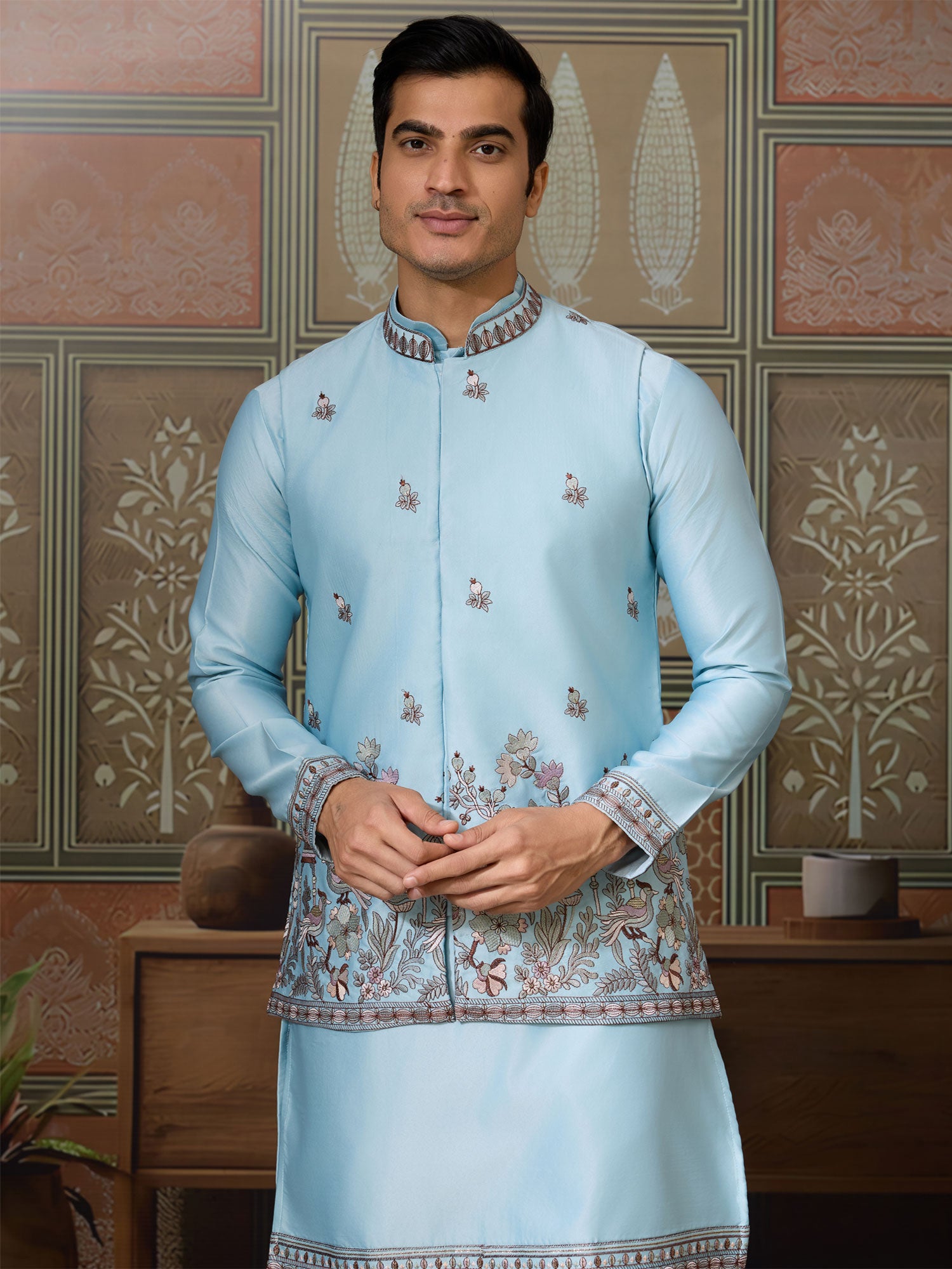 Sky Blue Festive Kurta Set With Jacket In Silk