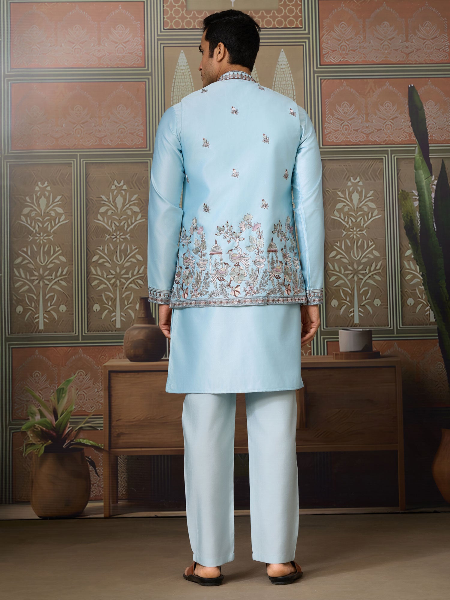 Sky Blue Festive Kurta Set With Jacket In Silk