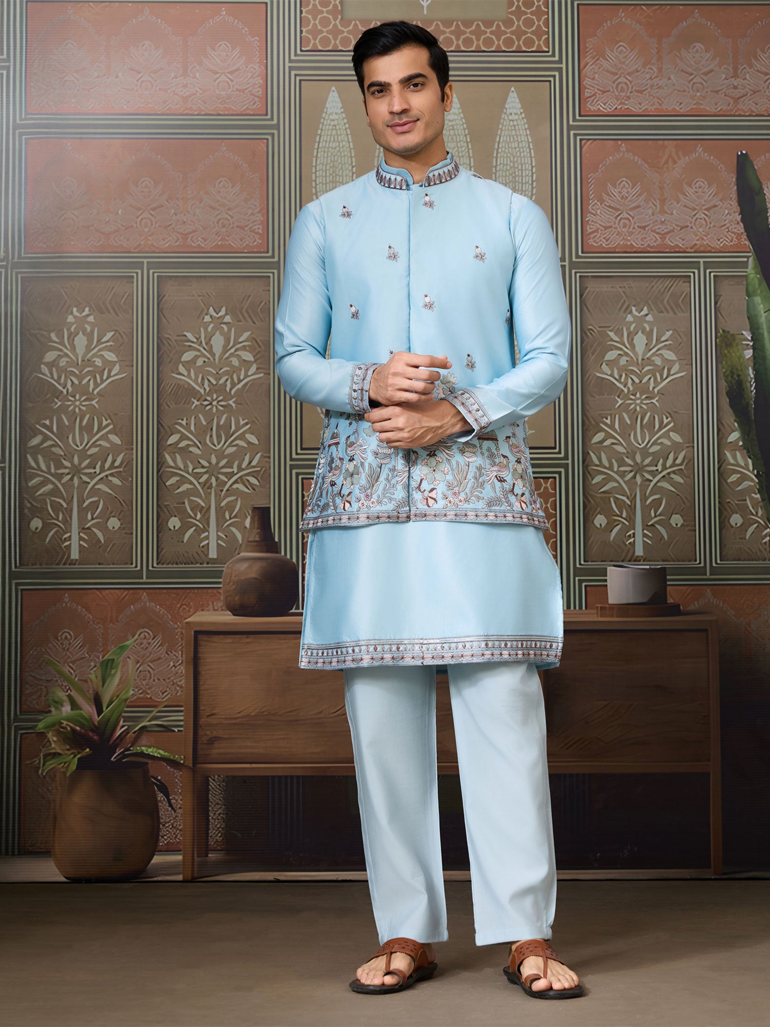 Sky Blue Festive Kurta Set With Jacket In Silk