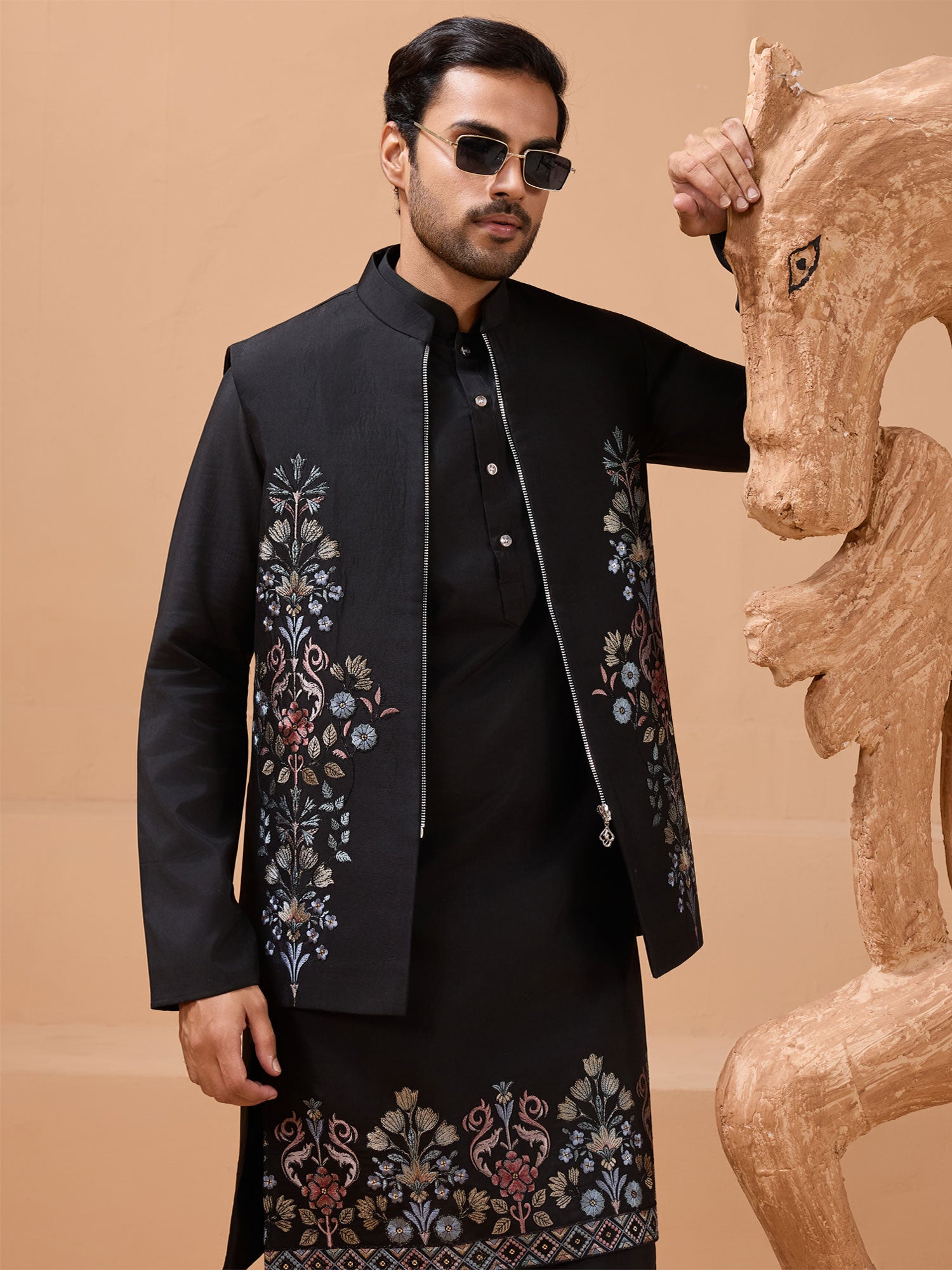 Black Readymade Kurta Set With Embroidered Jacket
