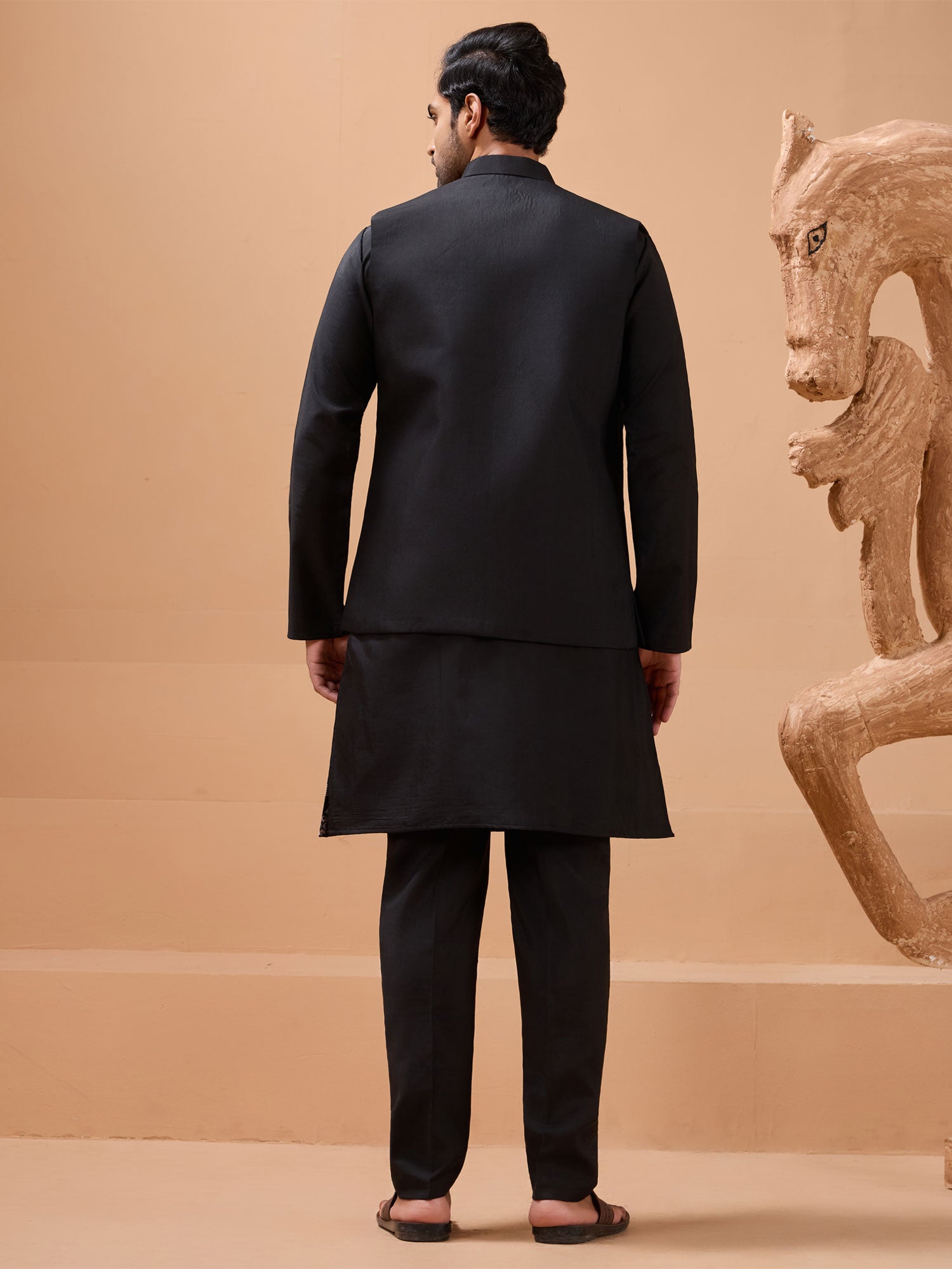Black Readymade Kurta Set With Embroidered Jacket