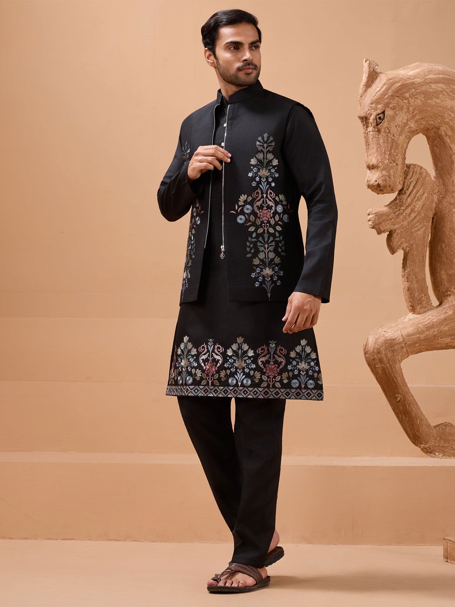 Black Readymade Kurta Set With Embroidered Jacket