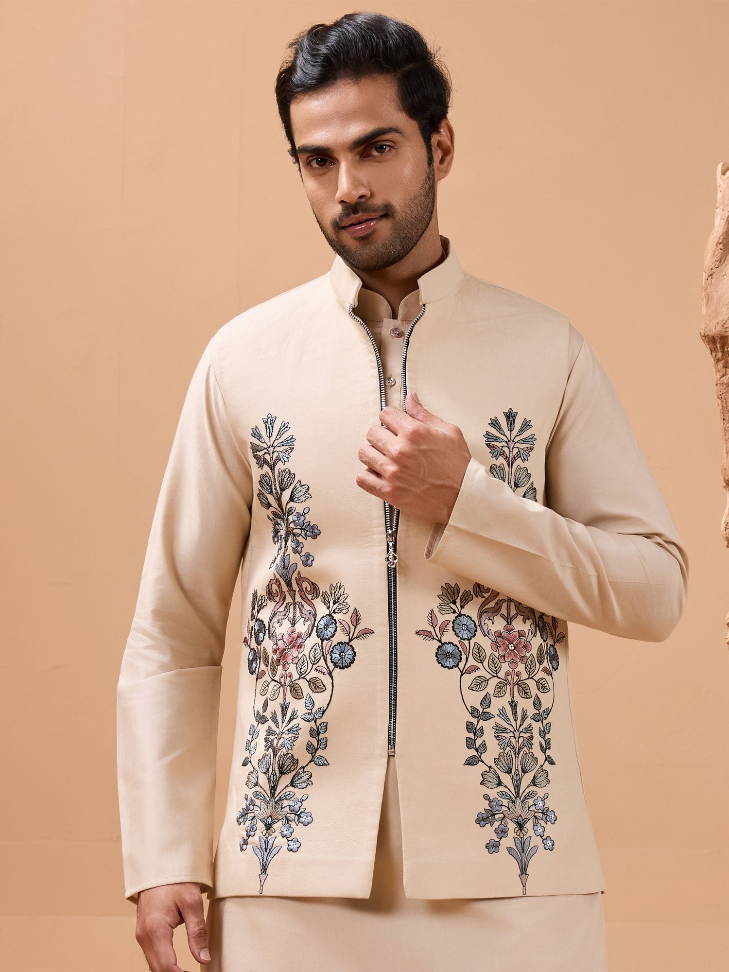 Beige Thread Embroidered Kurta Pyjama With Jacket