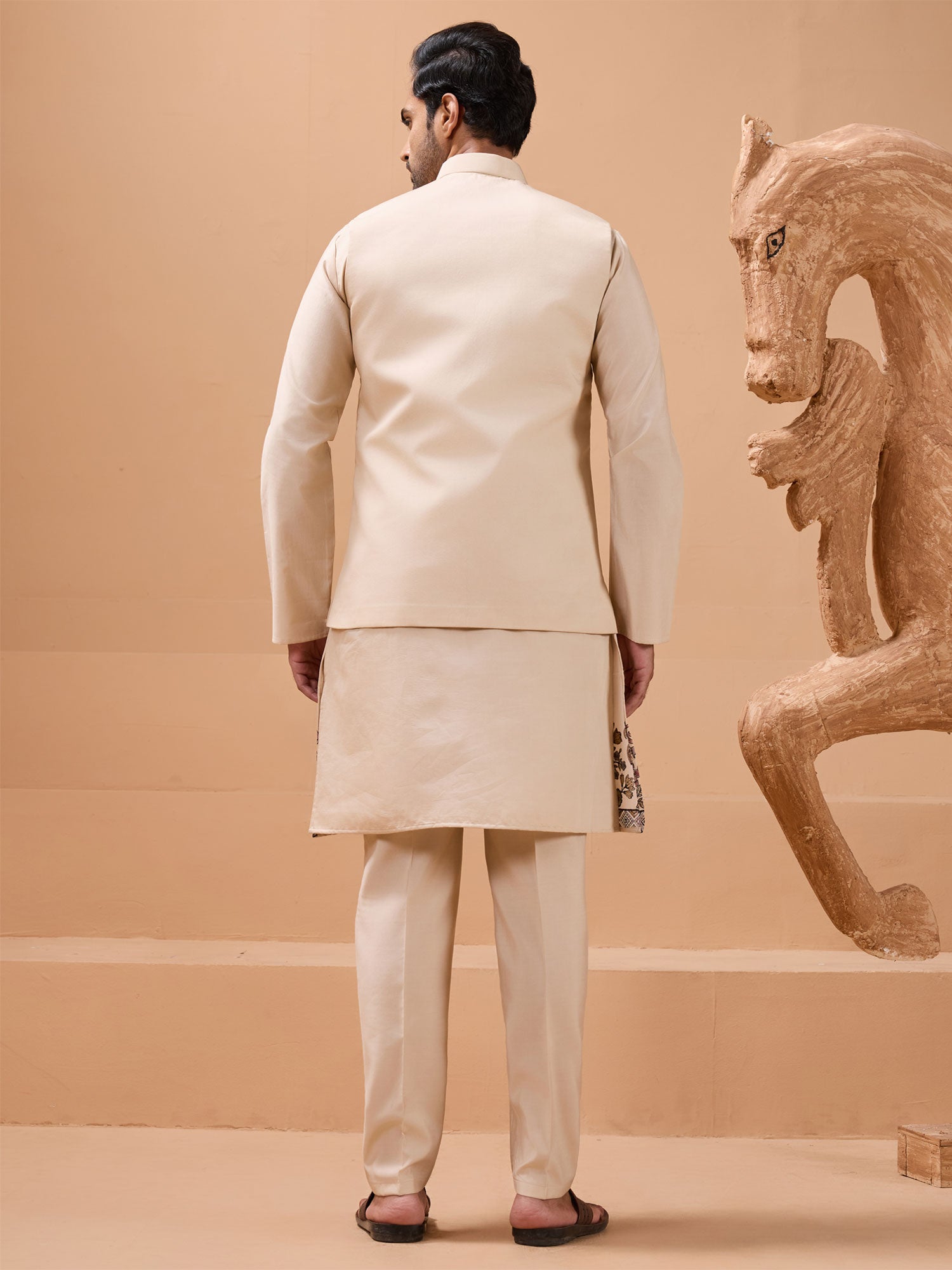 Beige Thread Embroidered Kurta Pyjama With Jacket
