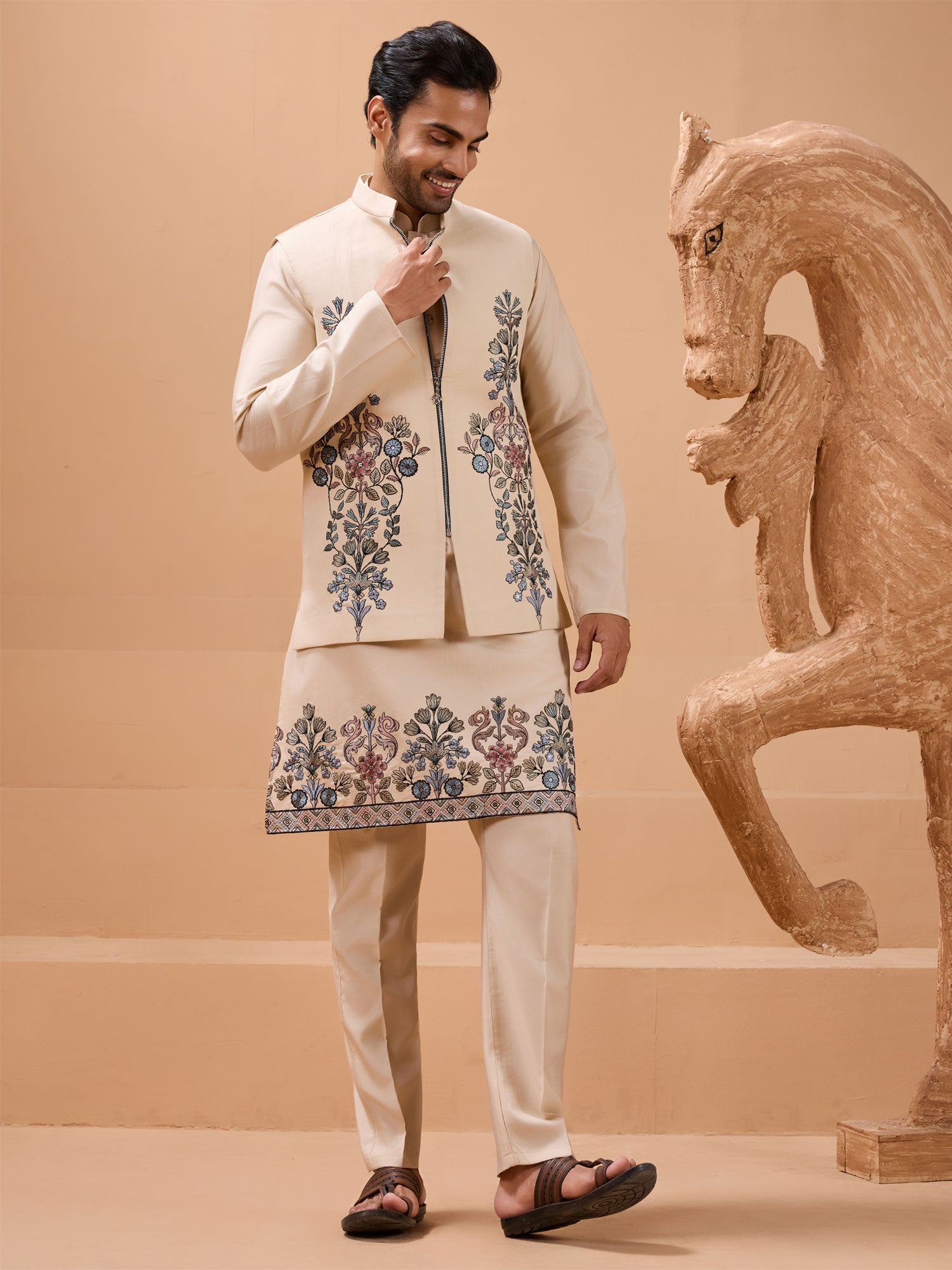 Beige Thread Embroidered Kurta Pyjama With Jacket