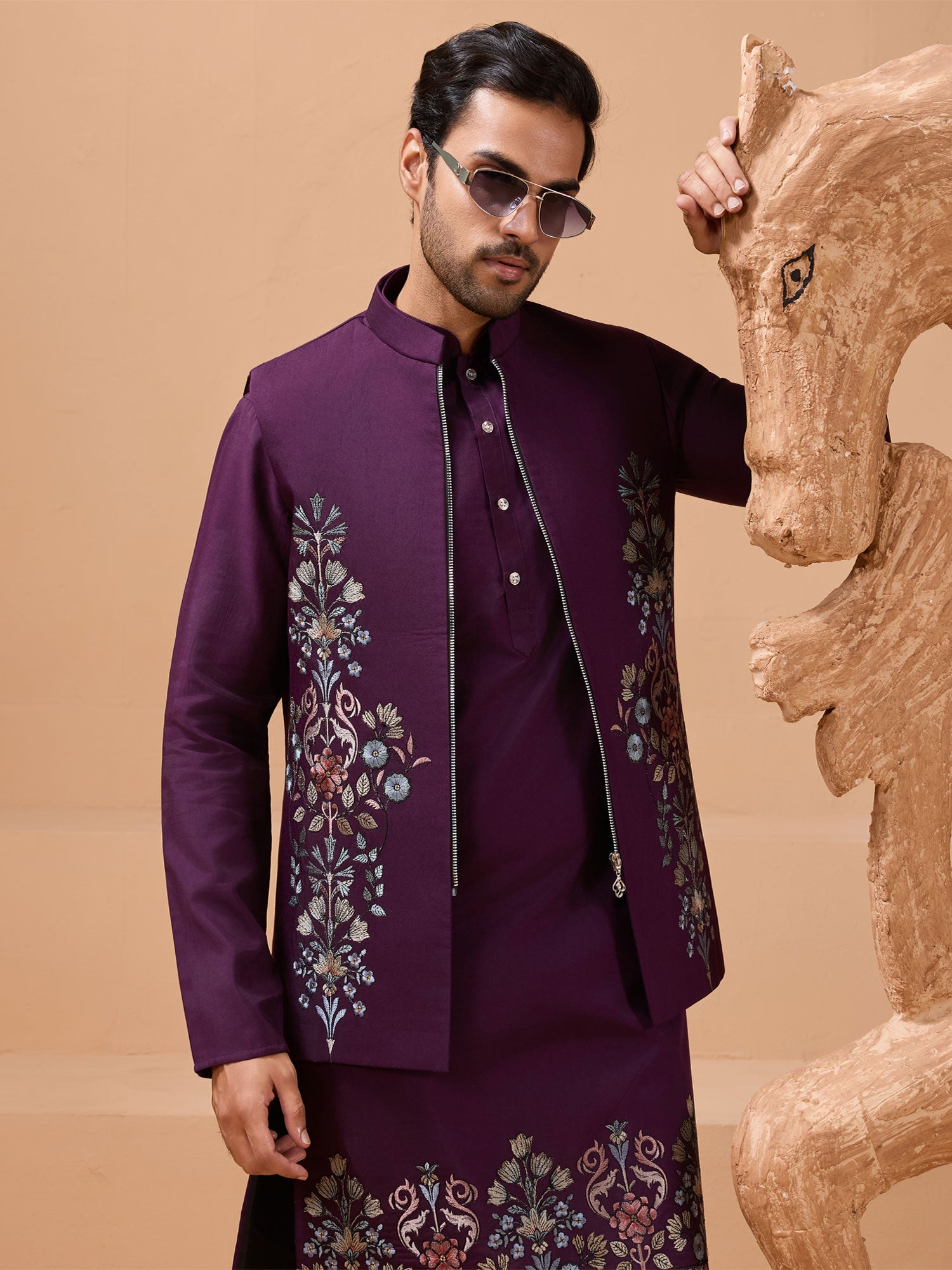 Purple Menswear Readymade Kurta Set In Silk