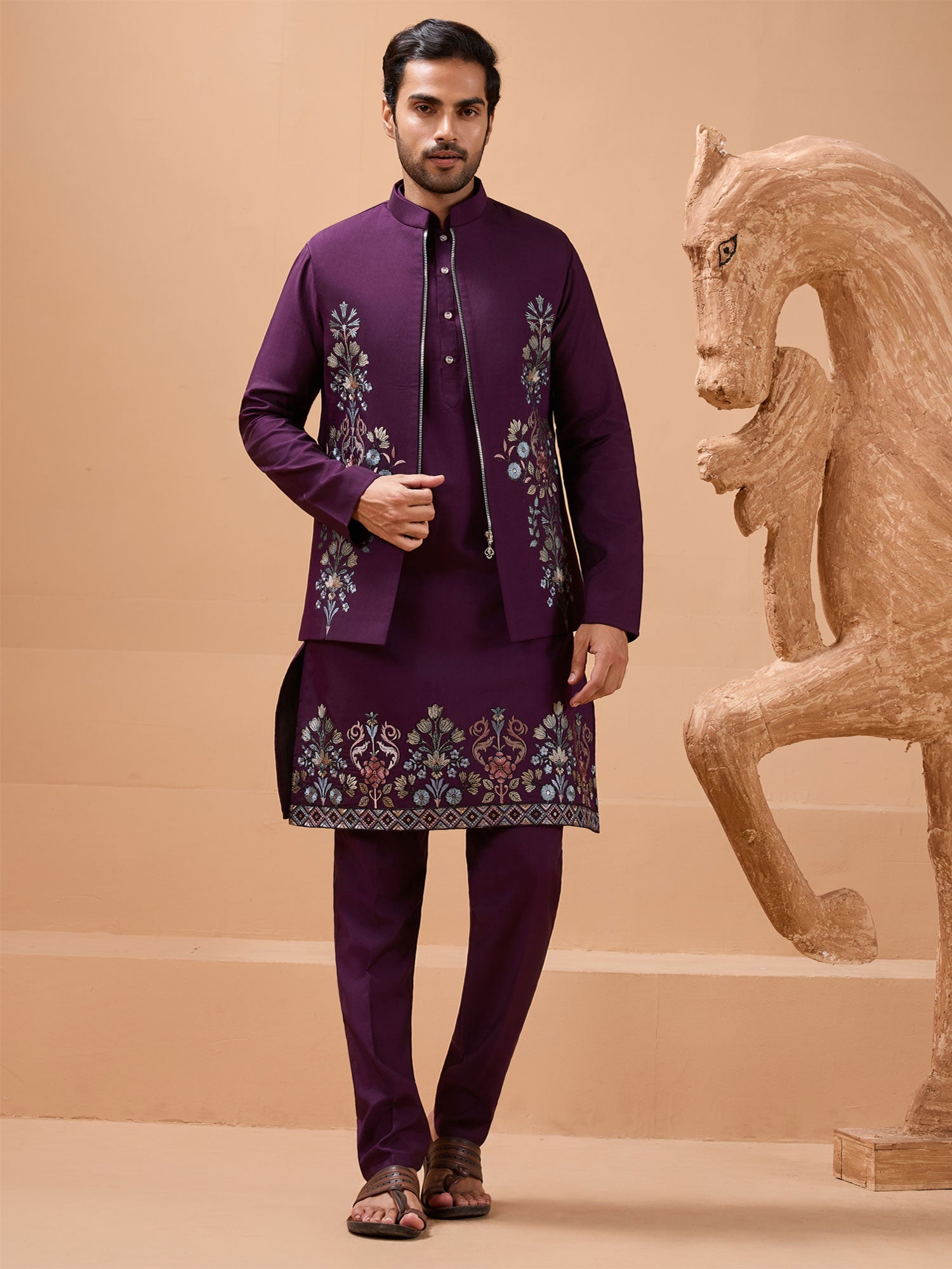Purple Menswear Readymade Kurta Set In Silk