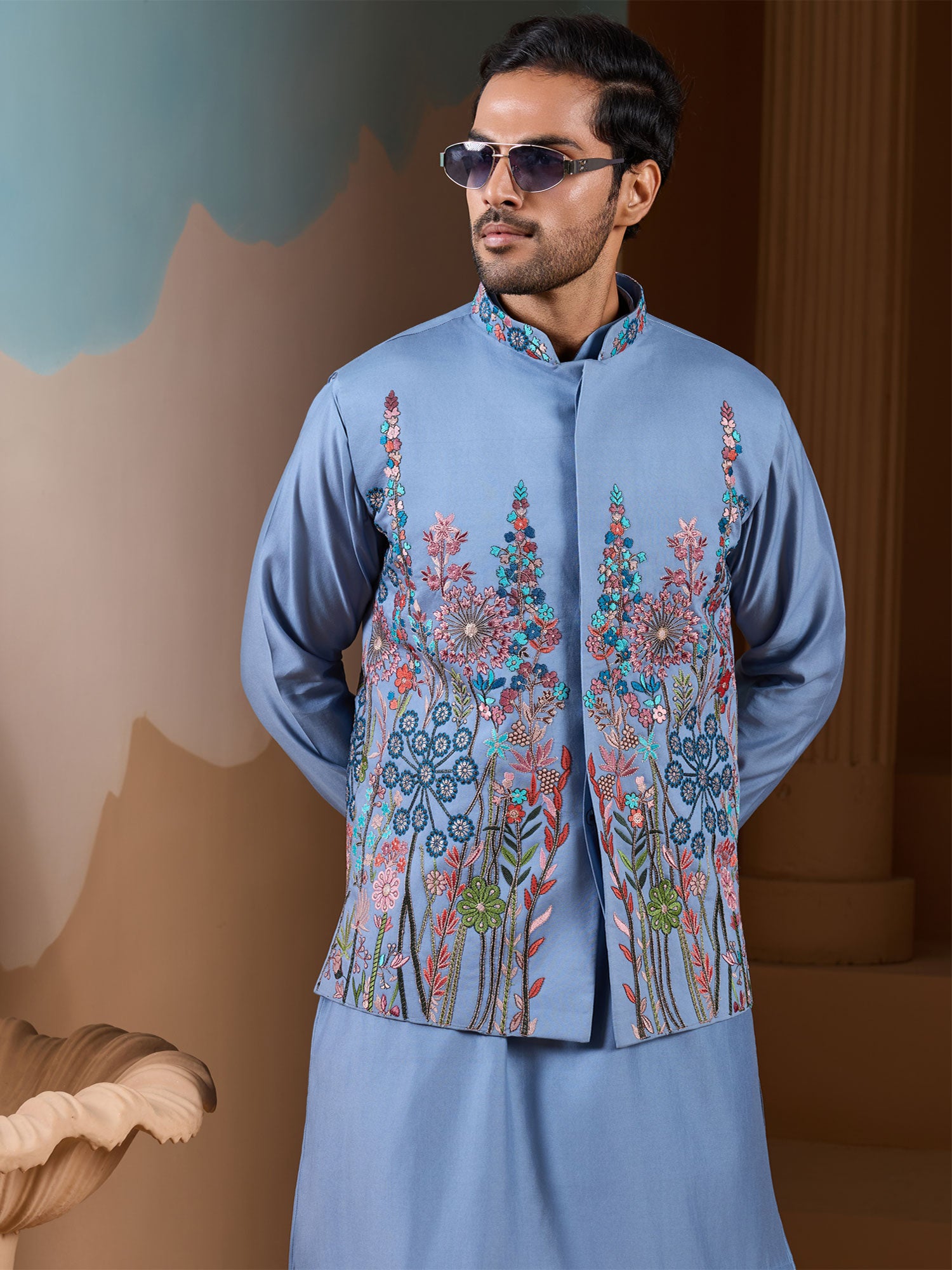 Sky Blue Floral Thread Augmented Kurta Pyjama
