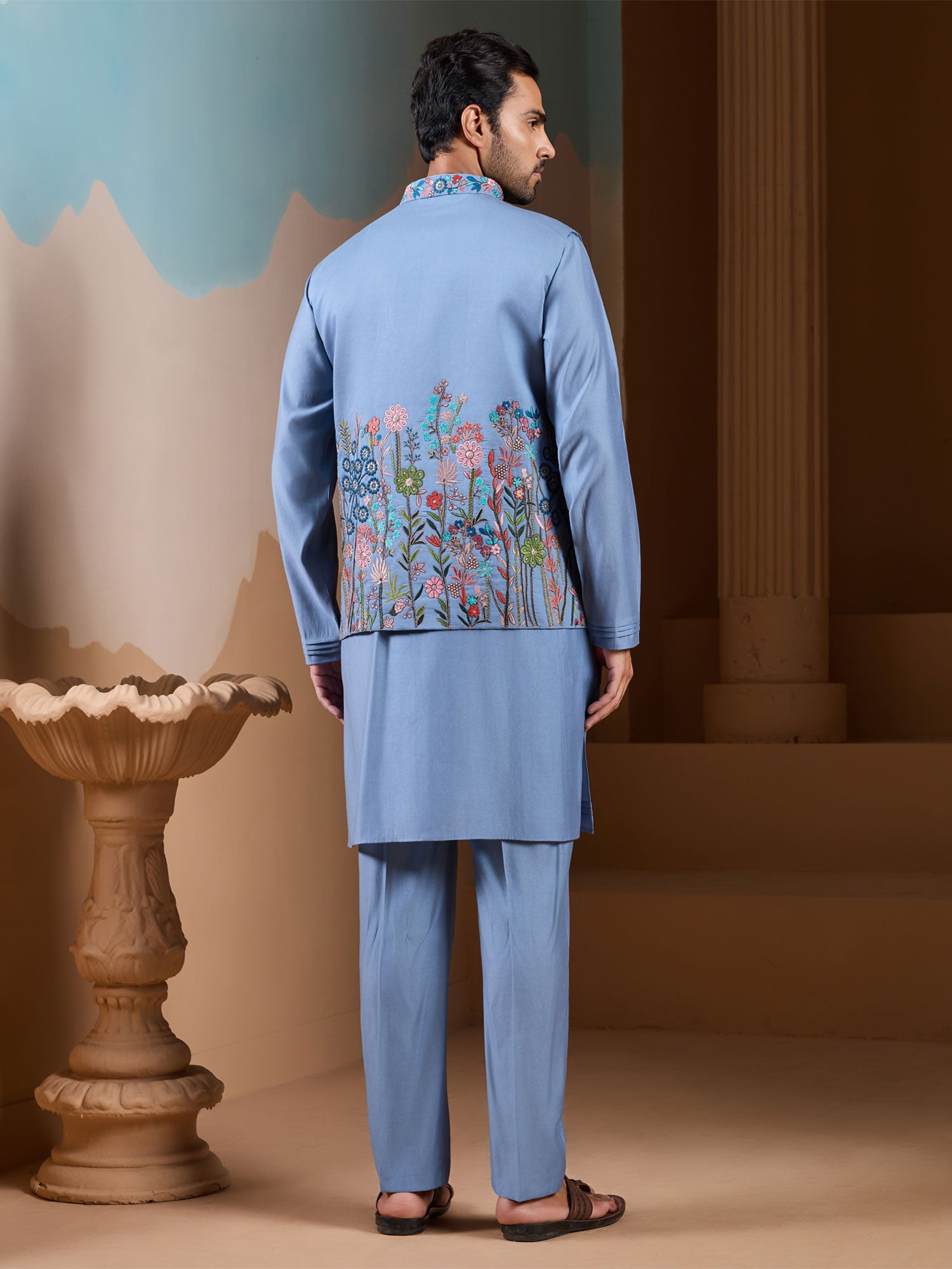 Sky Blue Floral Thread Augmented Kurta Pyjama