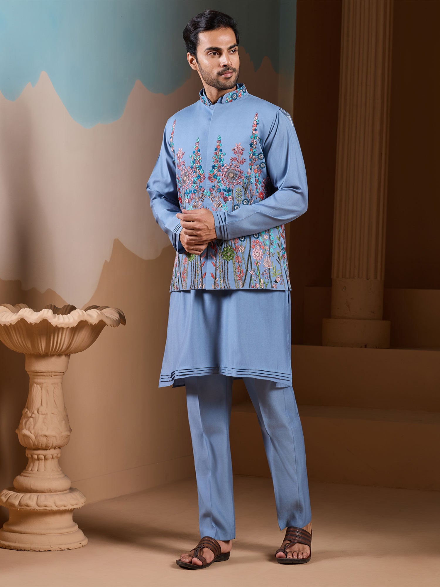 Sky Blue Floral Thread Augmented Kurta Pyjama