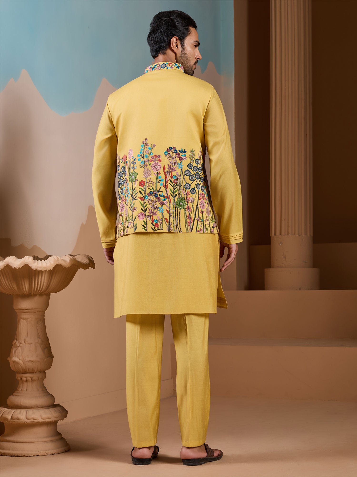 Yellow Festive Readymade Kurta Set With Jacket